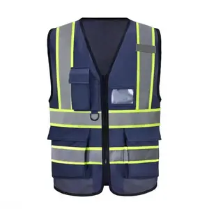 FringeFlutter High-Visibility Reflective Safety Vest, Navy Blue Zippered Polyester Vest with Bright Yellow Strips & Multi-Pockets, Unisex Protective Wear for Night Riding and Outdoor Work