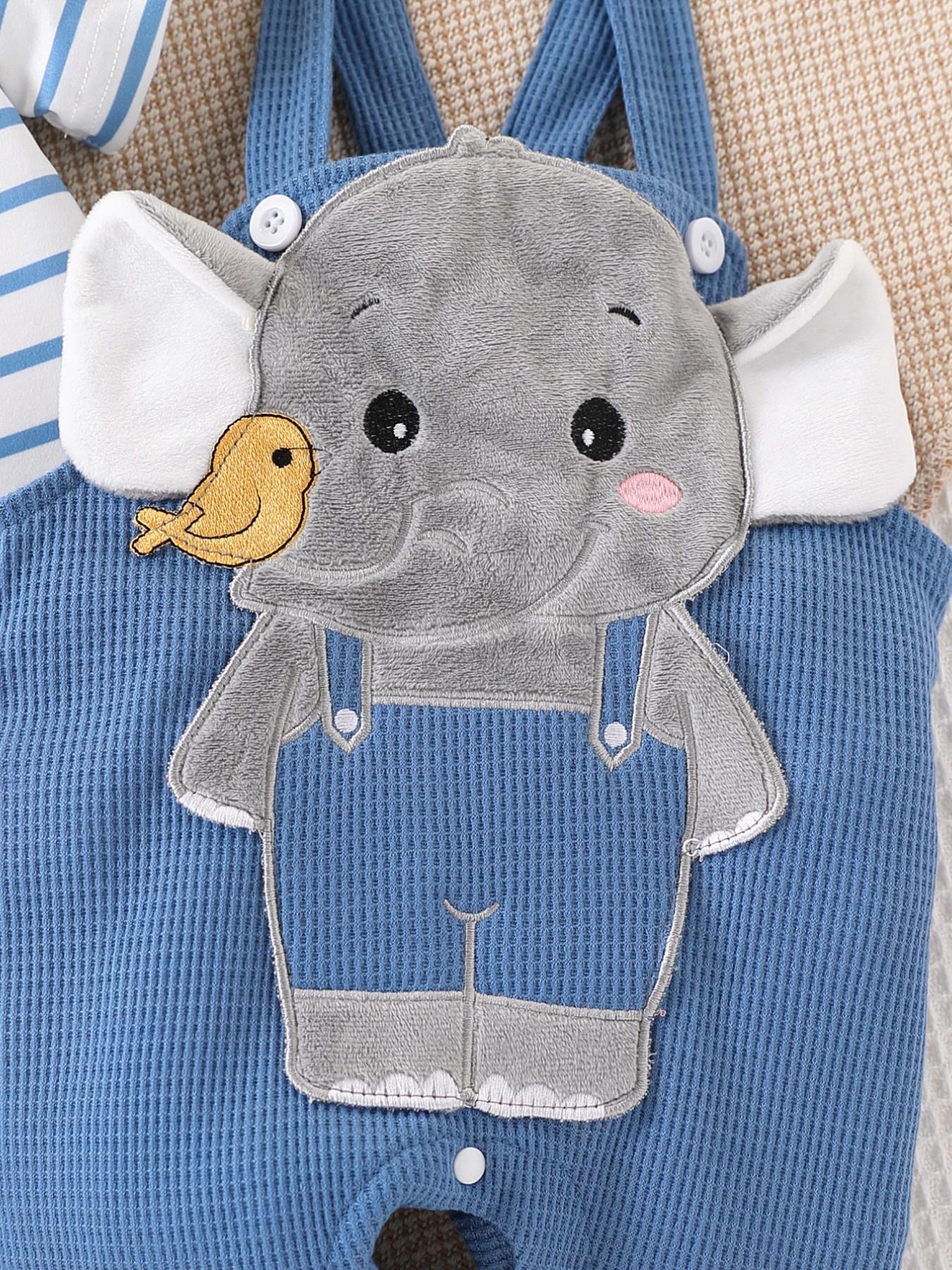 Boys' Cartoon Elephant Two-Piece Set, Striped Short Sleeve Romper + Waffle Bib Pants, Cute Summer for Kids, Comfortable and Stylish