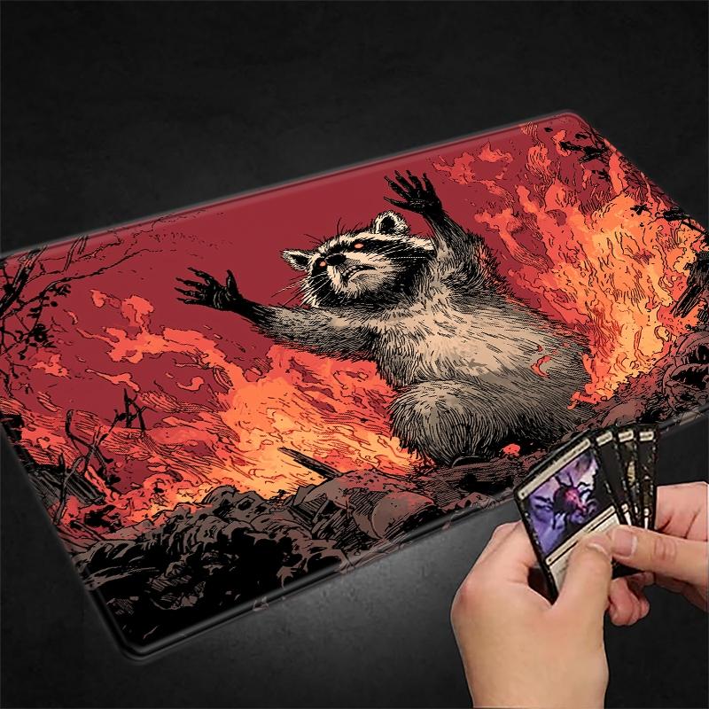 Raccoon in Fiery Chaos MTG Playmat - 12x24in Non-Slip Gaming Mouse