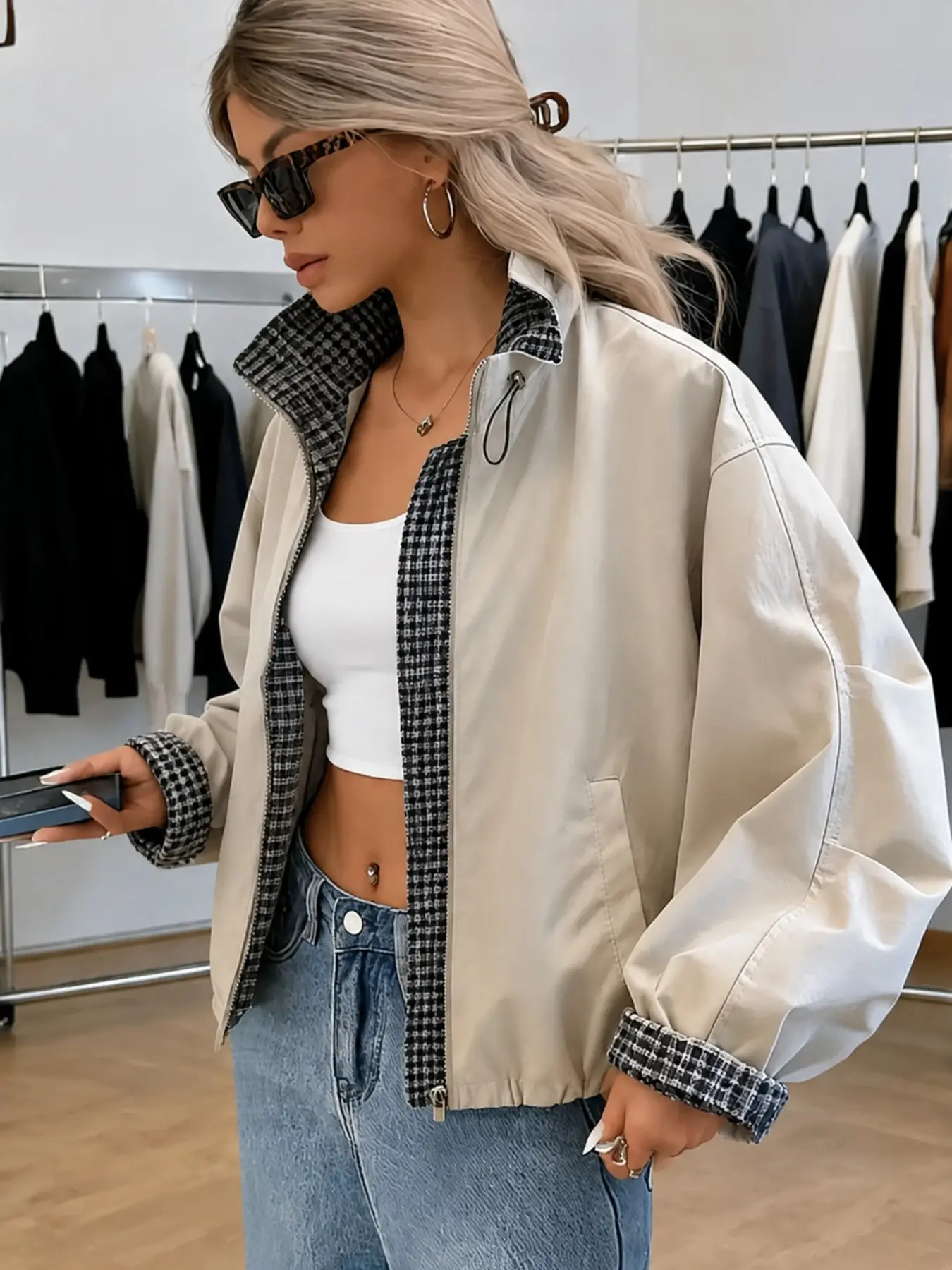 Women's Loose Fit Drop Shoulder Drawstring Jacket Coats, Plaid Lining, Colorblock Sleeve, Short Casual Outerwear, European and American Style
