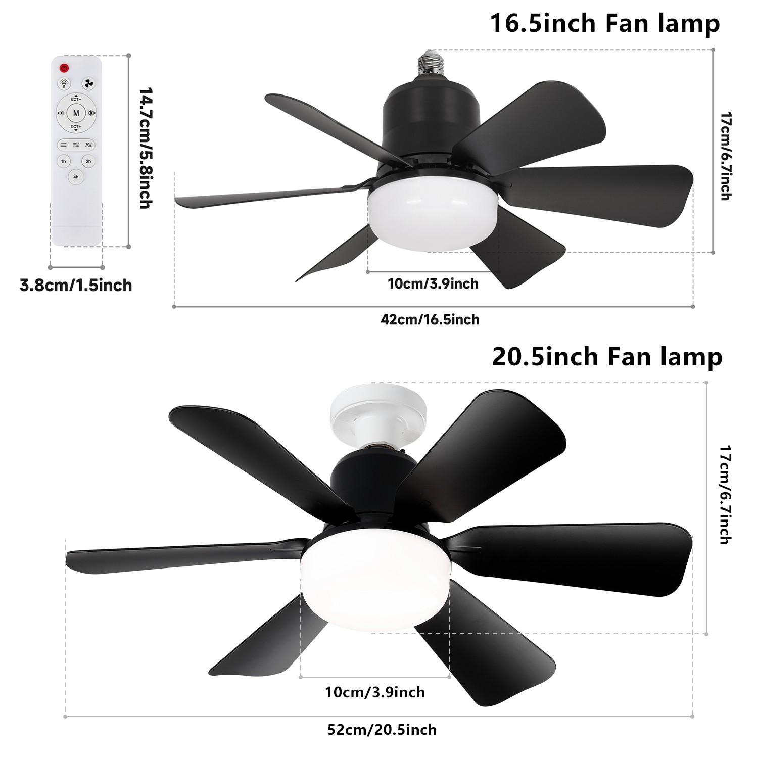 E27 Socket Fan Light Lamp, Adjustable Dimmable Timer, 3 Color Modes 3000k-6500k, Remote Control, Ideal for Bedroom/kitchen/living Room/dining Room/garage/walkway