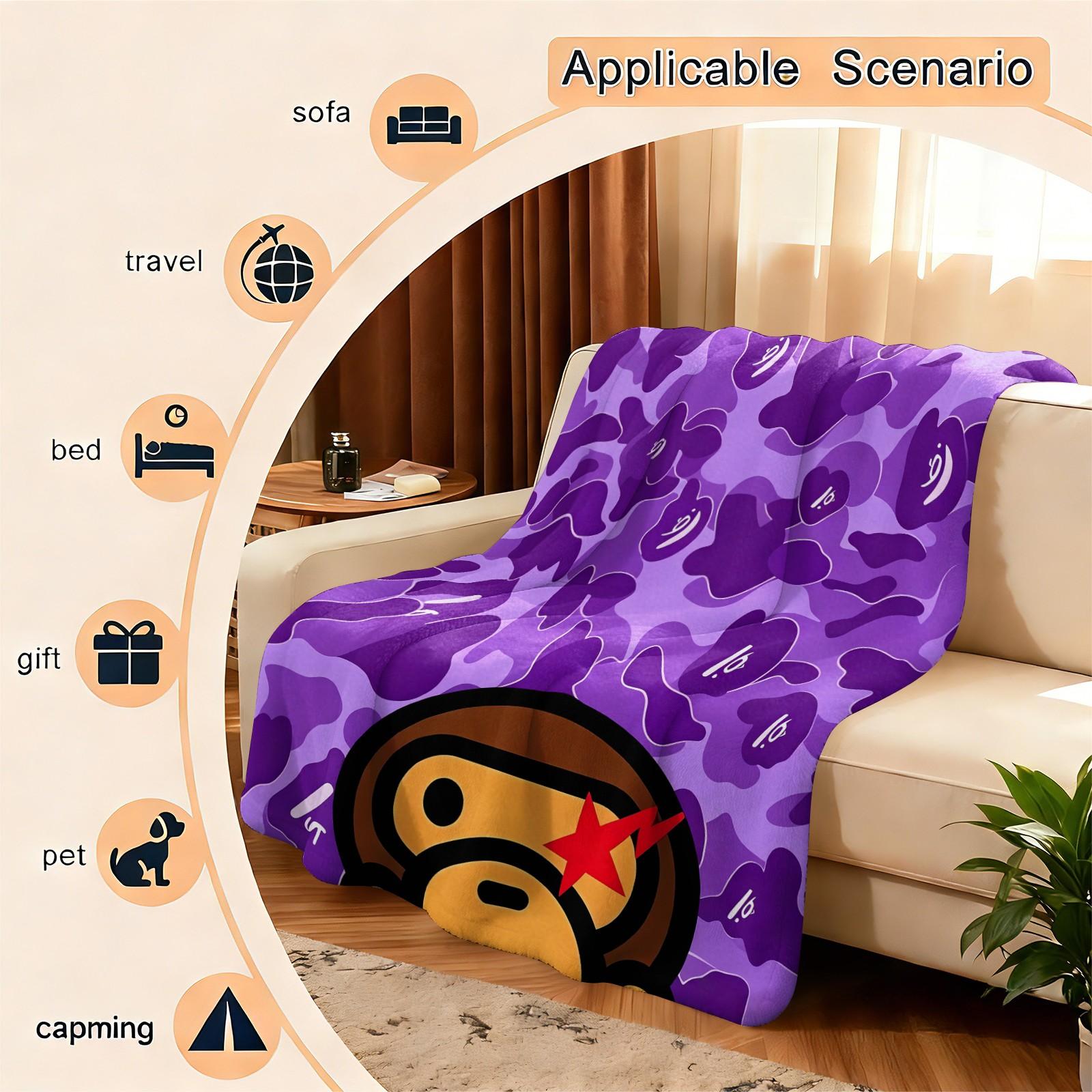 All Season Flannel Blanket, Purple Camouflage Street Cartoon Graphic Fleece Throw Blanket, Monkey Head With Red Star Pattern Warm Nap Blanket, Portable Travel Home Decor Blanket