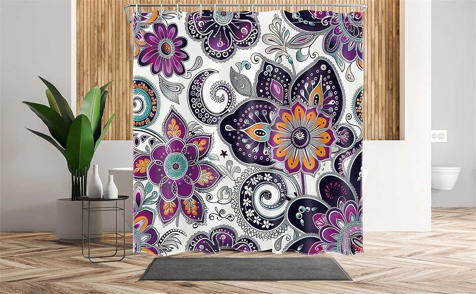 Bohemian Paisley Floral Shower Curtain Purple and Black Flower Pattern Boho Bathroom Shower Curtain Retro Abstract Bathroom Curtain with Hooks 72Lx72W Inch Polyester Fabric Bath Curtain