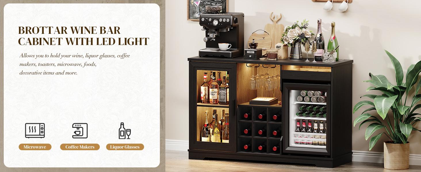 MIIFUNY Coffee Bar Cabinet with Fridge, Liquor Cabinet with LED Lights & Glass Holder, Mini Fridge Cabinet with Wine Storage, Human Body Sensor, Sideboard Buffet Table for Kitchen Dining Room, Black
