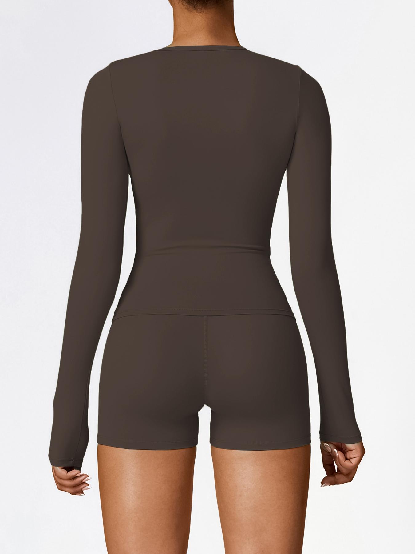 Women's Sporty Long Sleeve Top & Shorts Set, High Waist Tight-Fit Above Knee Activewear, Sweat-Wicking Quick-Dry Fabric for All Seasons, Solid Sports Sets, Gym Clothes Workout