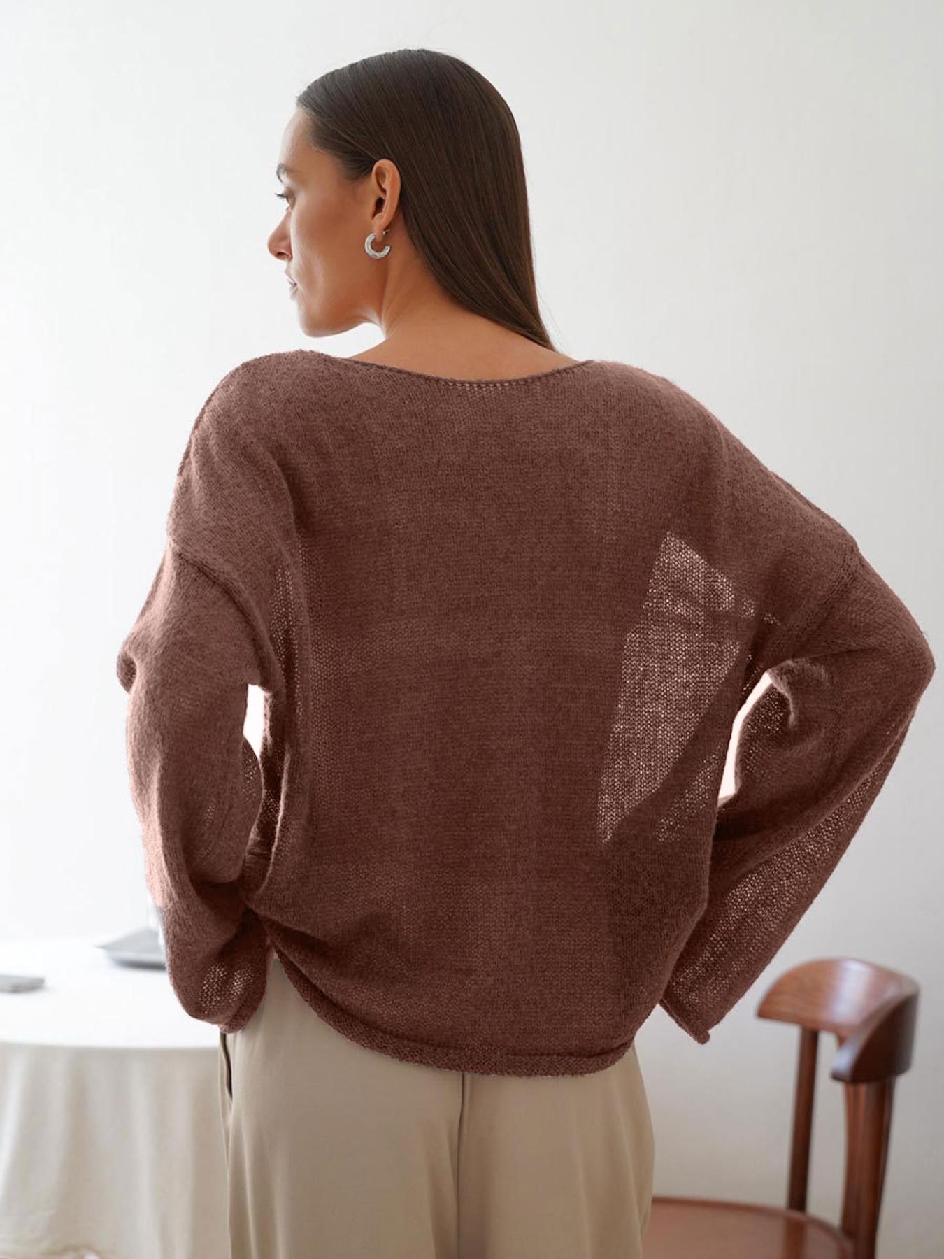 Women's Sheer Thin Spring Summer Loose-Fit Plaid Hollow Out Sweater Pullover, Casual Round Neck Batwing Sleeve Knitwear for All Seasons