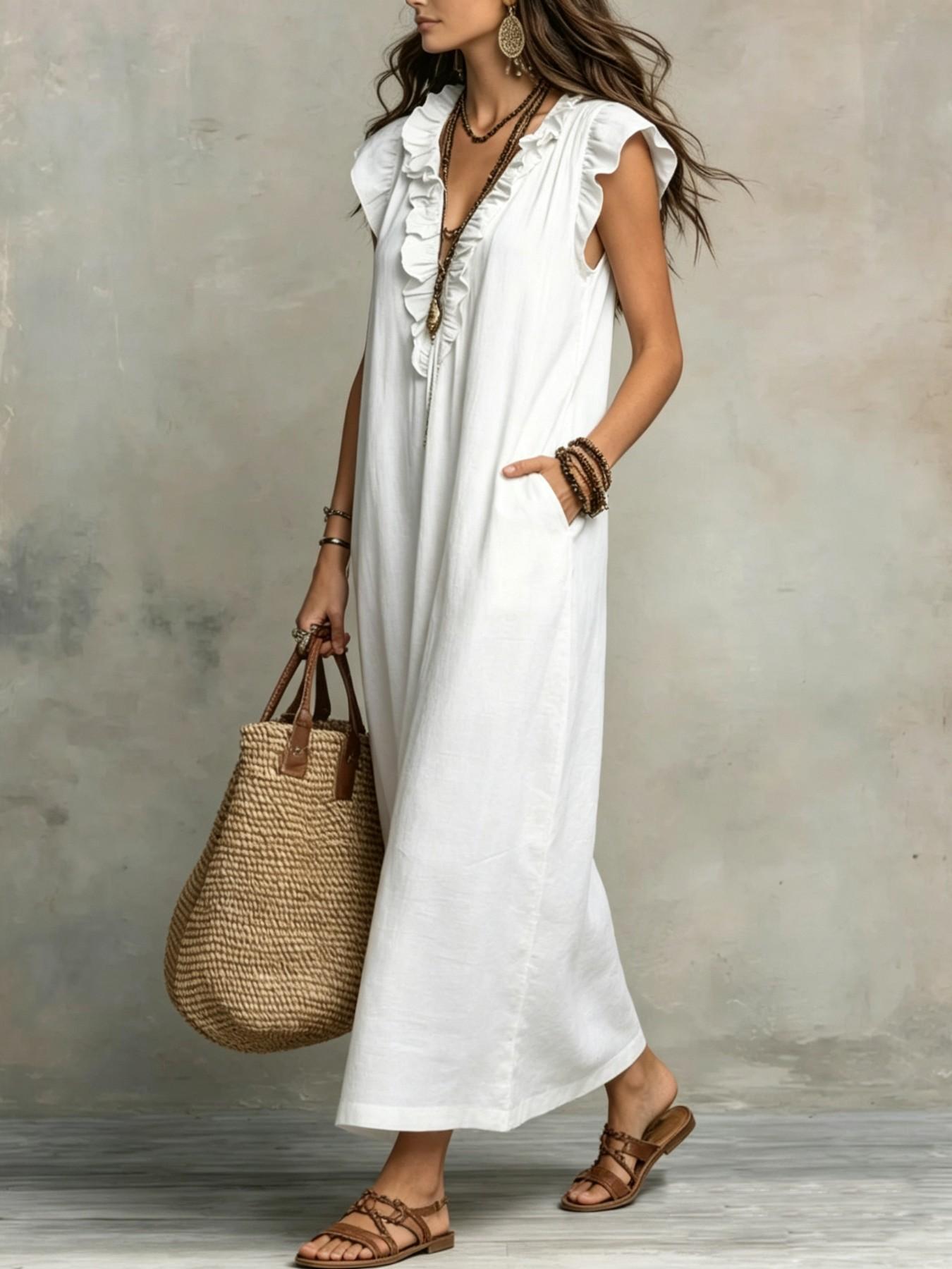 2026 Summer New Bohemian Long Dress, V Neck Ruffle Holiday Long Dress, Stylish and Comfortable, Perfect for Warm Weather