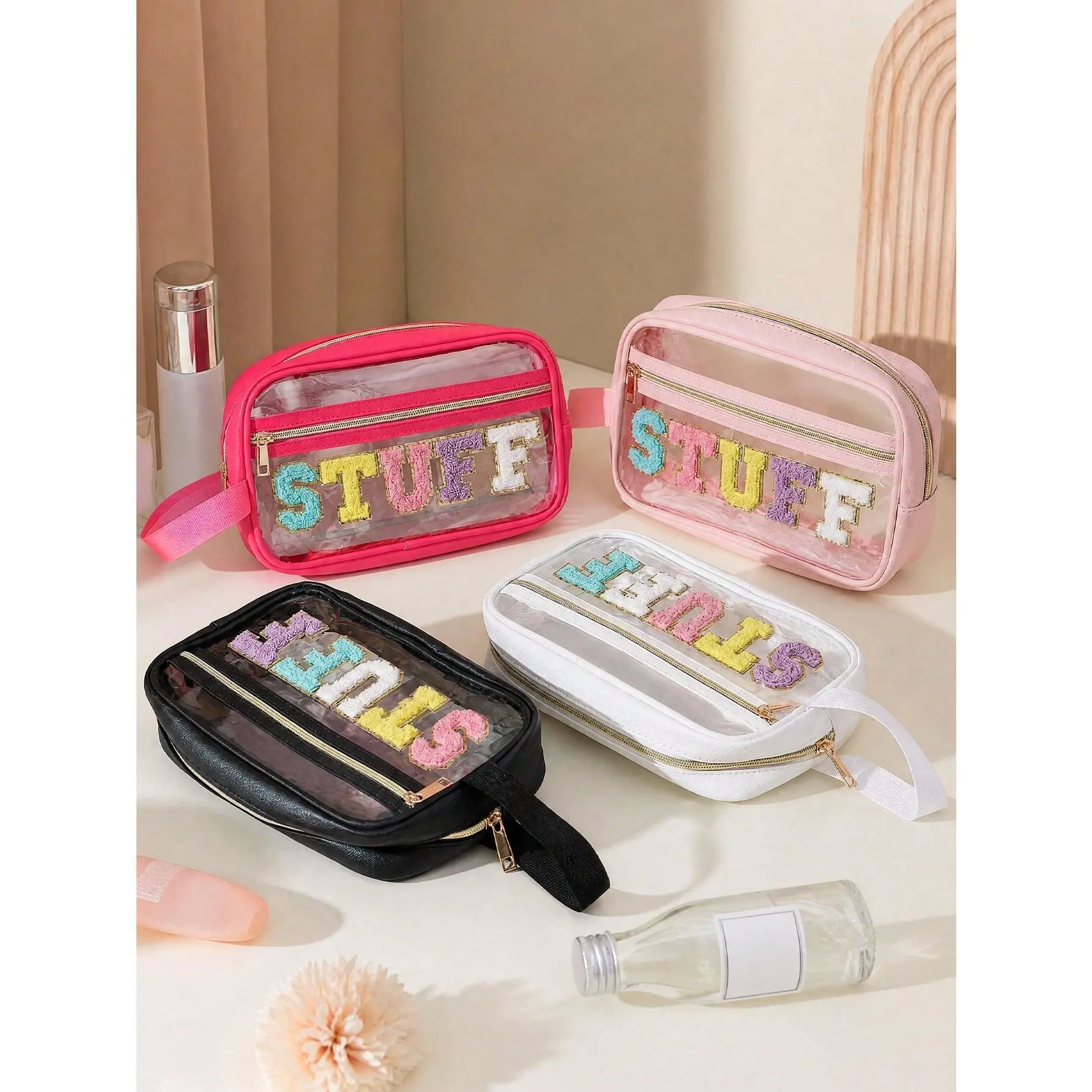 1-4Pcs Preppy Cute Fruit Initial Letter Cosmetic Bag, Waterproof Zipper, Large-Capacity PVC & Nylon Glitter, Portable Functional Bag for Casual Travel