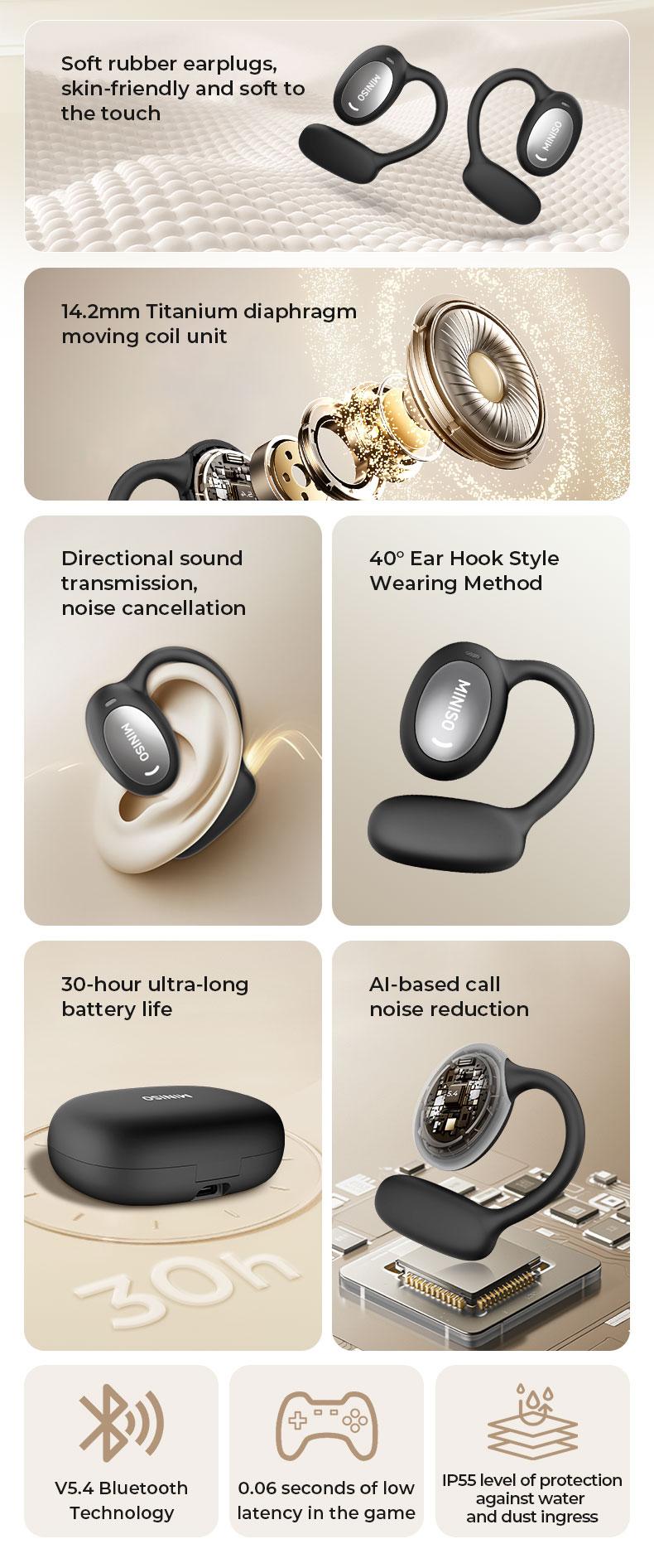 MINISO 181  OWS open Bluetooth 6.0 sports earphones HIFI sound quality sports earphones IPX5 waterproof with microphone