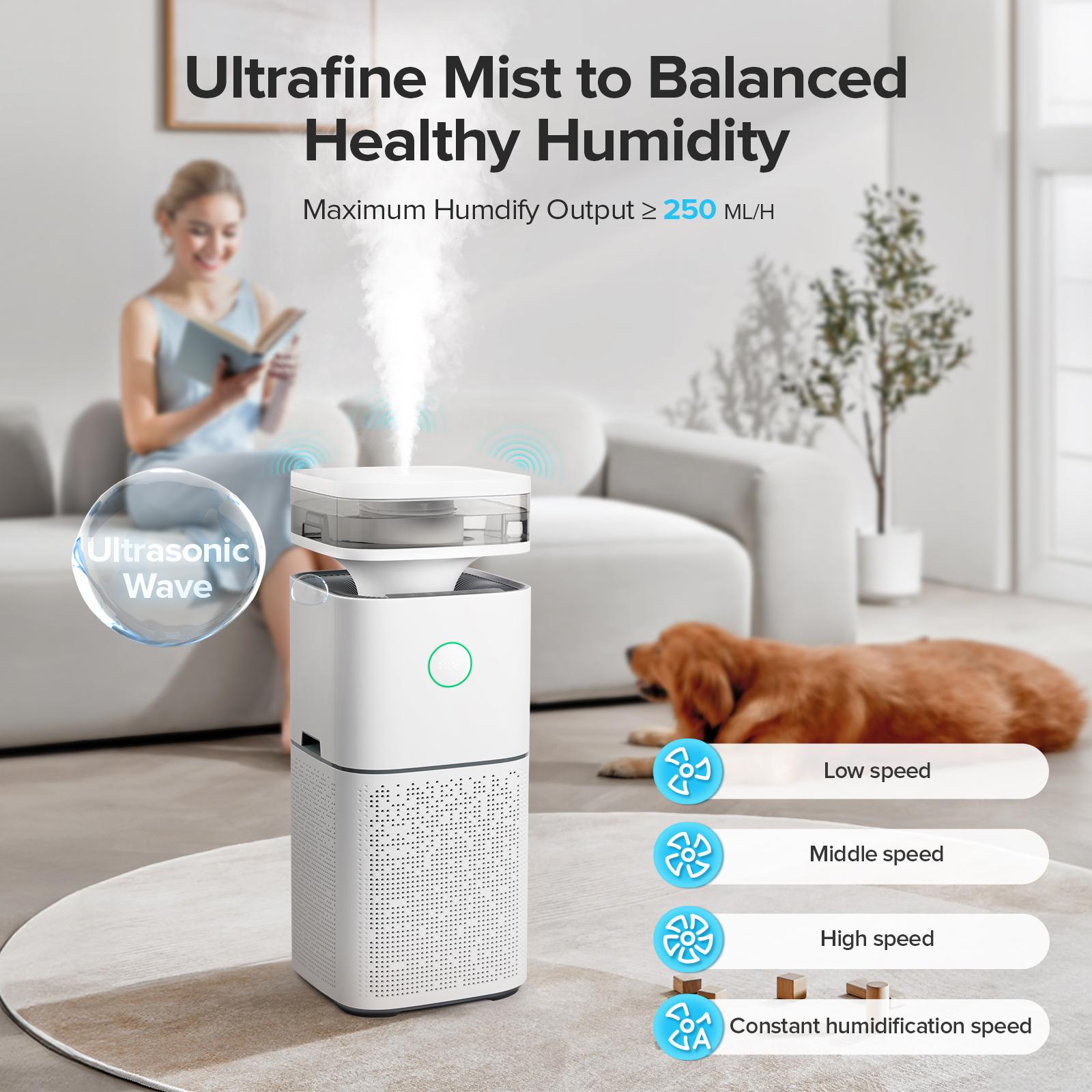 Kissair 2-in-1 Air Purifier & Humidifier - 3-Stage Filtration (Pre, H13 HEPA 99.97% PM2.5, Activated Carbon), 4 Fan/Humid Modes, Auto Off! Ultrasonic (250ml/h), Negative Ions, Air Quality LEDs, Filter/Water Alerts, <35dB Sleep, 1-8h Timer. Ideal for Home