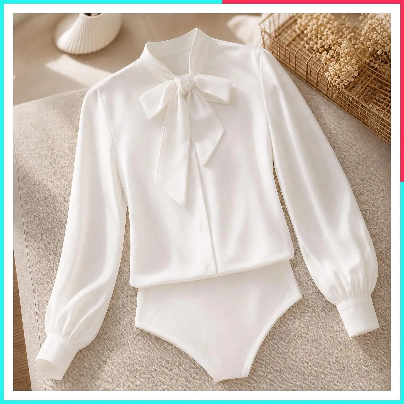 Women's Bow Tie Neck Button-Down Long Sleeve Bodysuit Top, Business Casual Dressy Fall Professional Collared Shirt for Work Office Interview