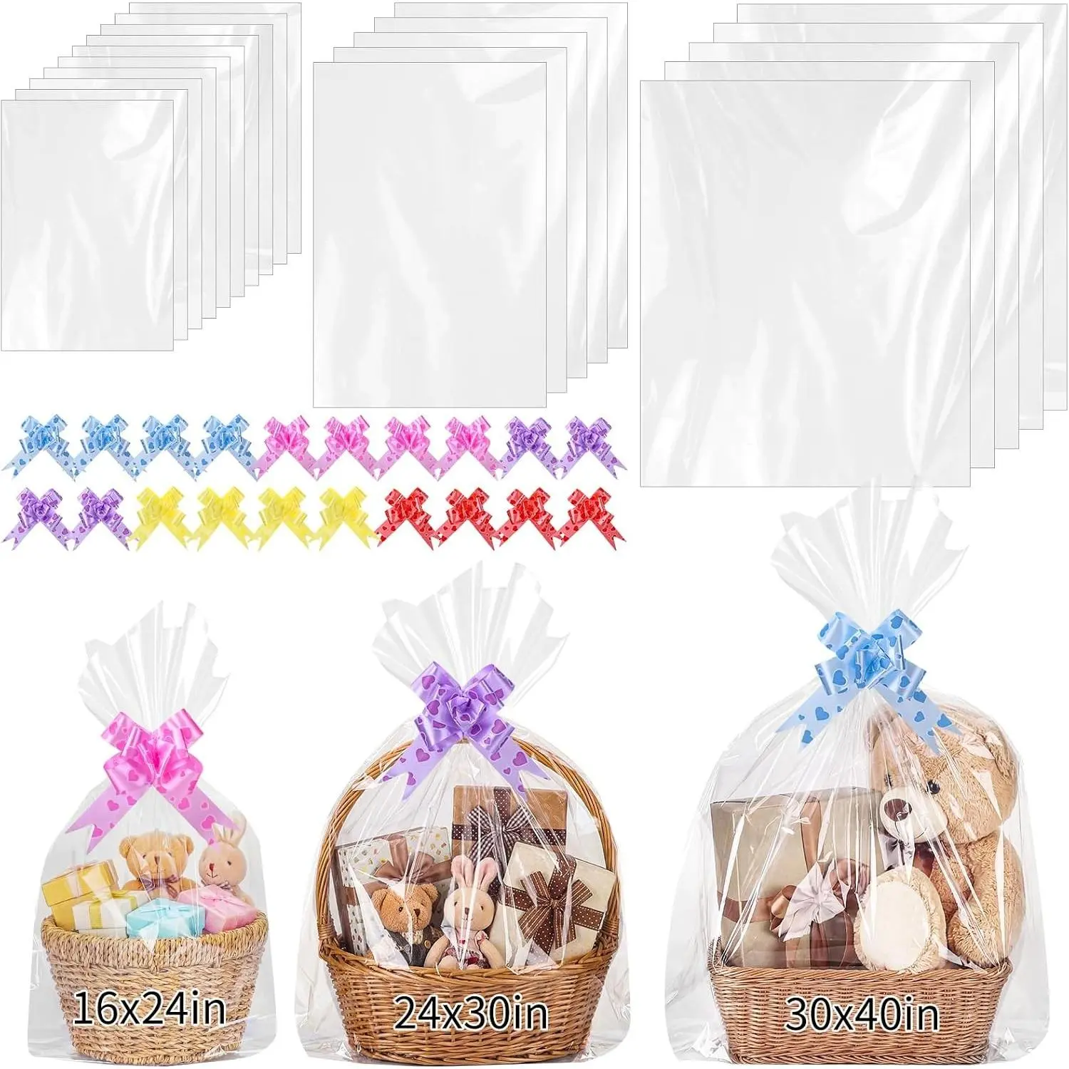 20 PCS Large Cellophane Bags 3 Sizes 30x40 24x30 16x24in Clear Cellophane Wrap for Gift Baskets Plastic Gift Bags with 20 Pull Bows for Baby Shower Back to School Graduation Gifts Wrapping