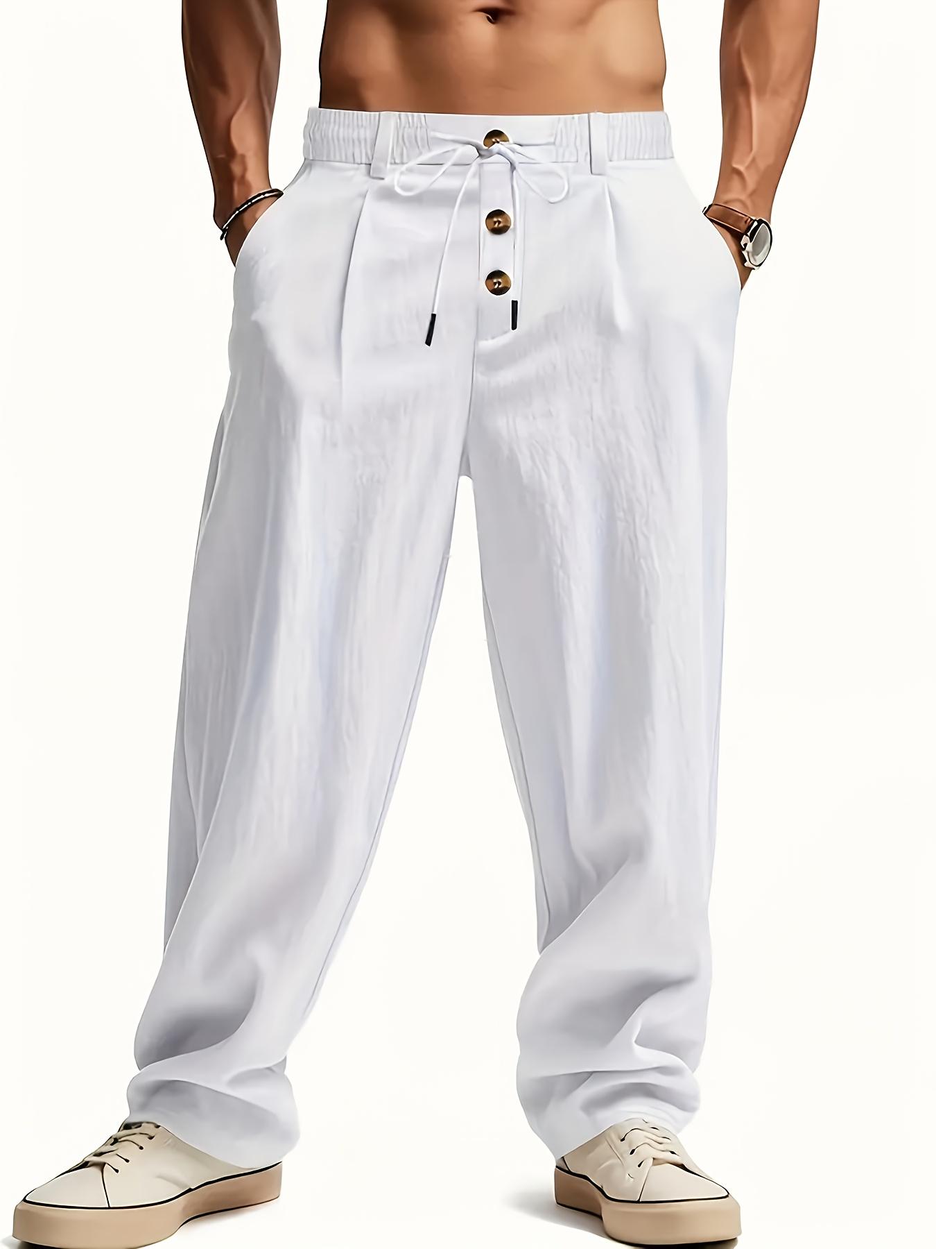 3 pieces of men's summer plain-color simple linen casual straight-leg trousers, Casual Solid Drawstring, beach-friendly lightweight breathable linen trousers, suitable for daily commuting and outdoor activities, vacations, beaches, Casual Fashion Pockets