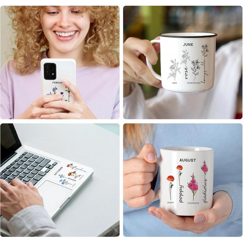 UV DTF Cup Wraps - 24 Sheets Birth Flowers by Month Uvdtf Tumbler Wrap for 16 oz Coffee Mugs, Roses Daisies Violets Transfer Stickers DIY Water Bottle Craft Decals Decoration Gift for Mom