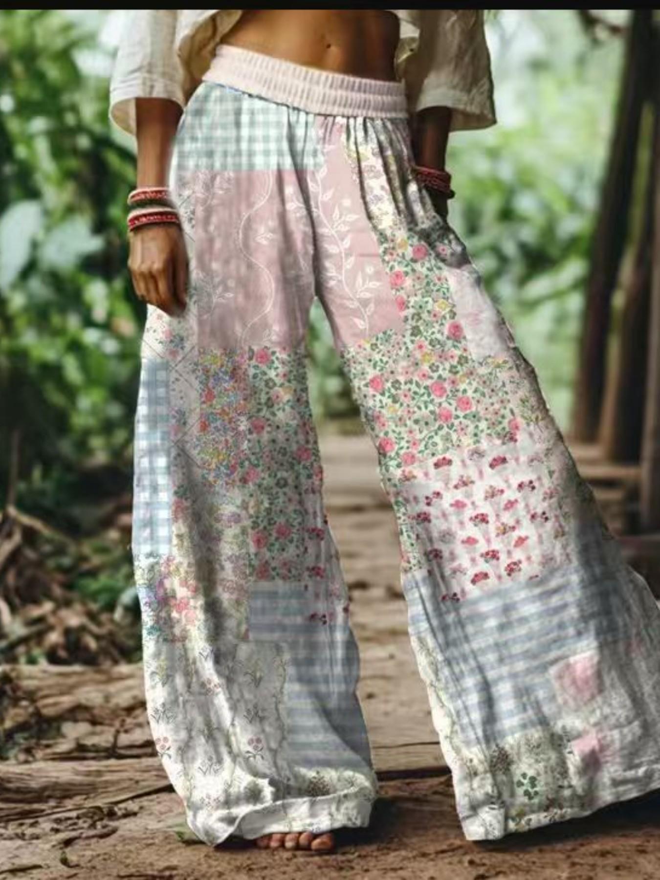 Women's Casual Bohemian Style Boho Floral Print Wide-Leg Loose Baggy Pants, Comfortable & Breathable Elastic Fabric, Ideal for Vacation, Home and Daily Wear, Suitable for Spring, Summer and Fall