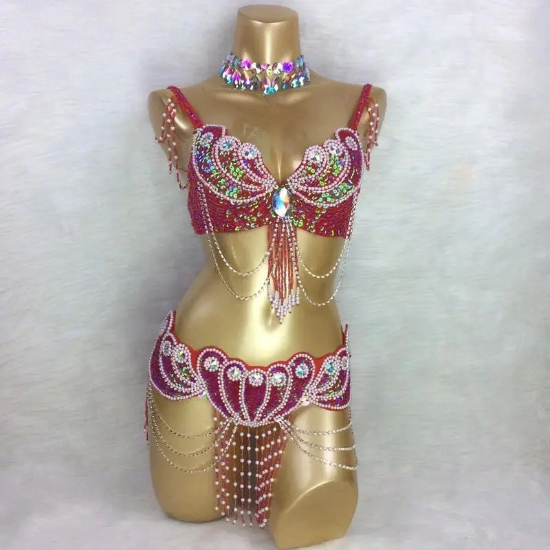 Beaded Belly Dance Costume Bra+Belt Set Sexy Ladies Spicy Girl Stage Performance Dance Performance Costume Party Evening Dress