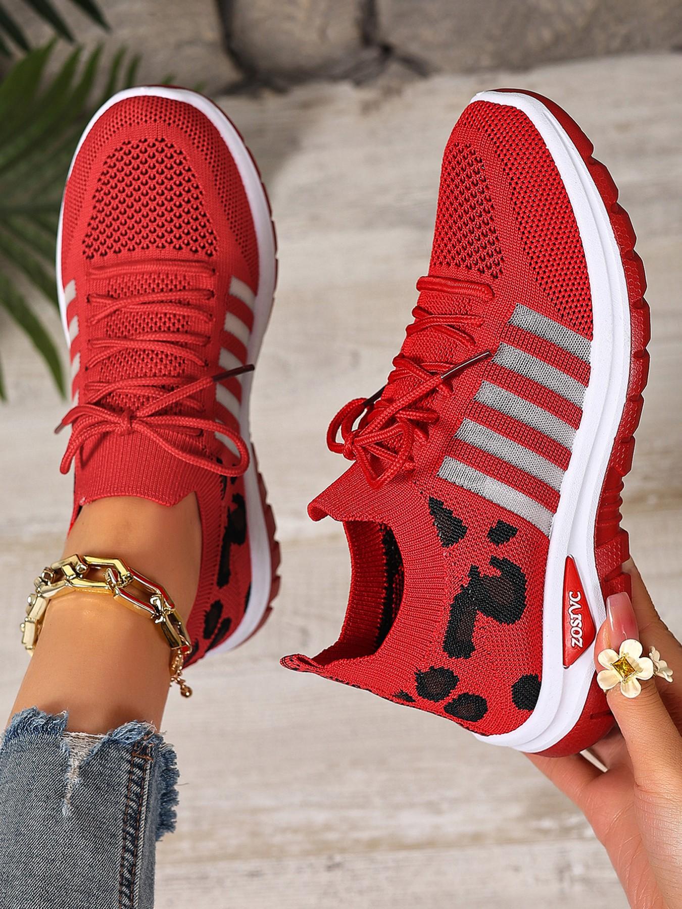 Women's Leopard Print Lightweight Lace-Up Sports Shoes, Breathable Shock Absorption Non-Slip Rubber Sole, Casual All-Season Low Top Sneakers