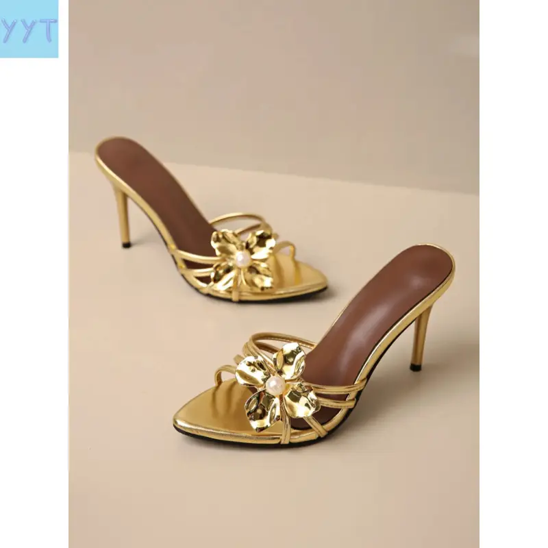 YYT1 New Stylish Women's Heeled Open Toe Sandals with Floral Pearl Design, Comfortable Thin Heel Dressy Footwear Home Beach Party