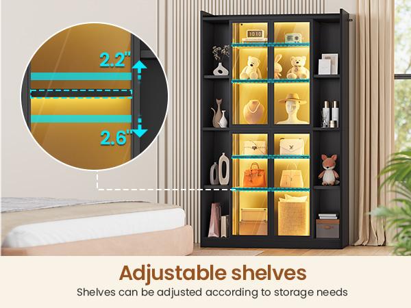 SEDETA 64 Inch Display Cabinet with Glass Doors 6 Tier Tall Bookcase with LED Lights Curio Cabinet with Adjustable Shelves