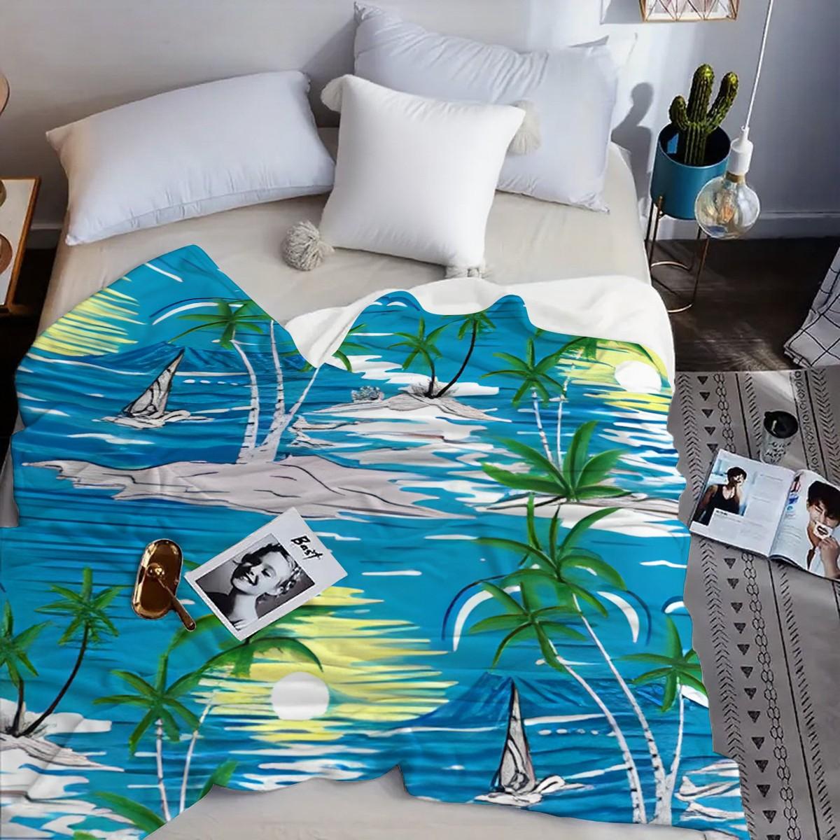 Tropical Island Coconut Print Blanket, Soft and Lightweight, Ideal for Sofa, Bedroom, Office, Outdoor, Multi-Use, Vacation Gift