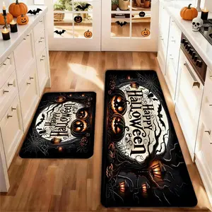 Set of 2 Halloween Kitchen Mats , Anti-Slip Low Height Pumpkin Design, Party Floor Pads for Home Kitchen Decor, Halloween Farmhouse Style