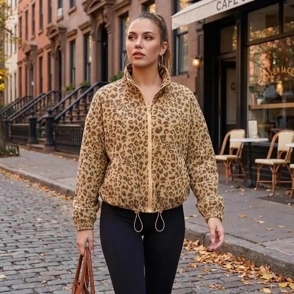 Women's Leopard Print Corduroy Cropped Zip Up Jacket, Oversized Stand Collar Puff Sleeve Vintage Jacket, Adjustable Drawstring Hem, Side Pockets, Y2K Streetwear Fall Winter Casual Outerwear
