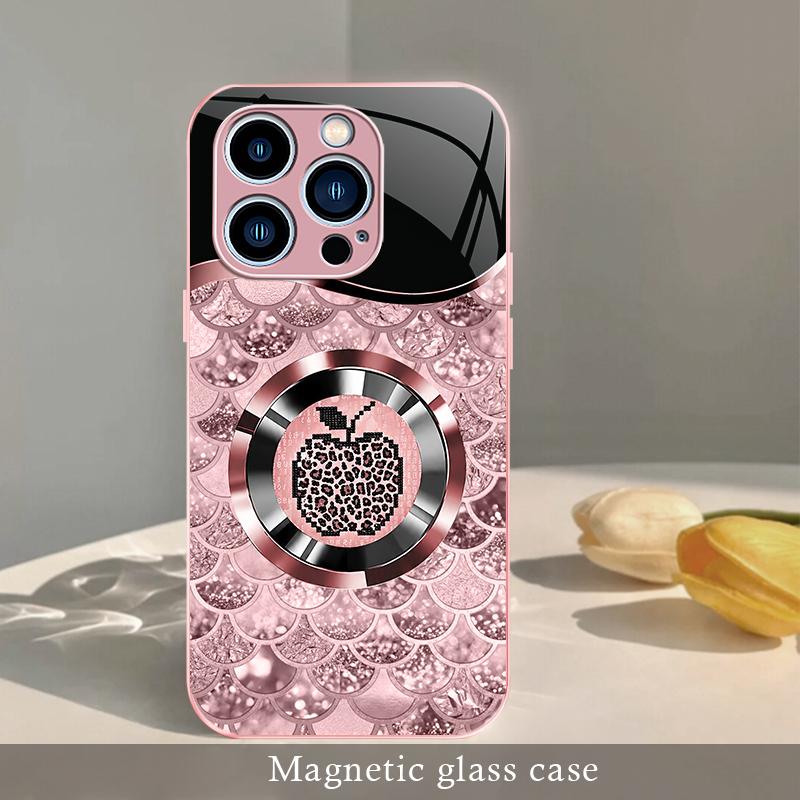 Trending “Affordable Luxury” Pink Glitter Mermaid Scale & Leopard Print MagSafe Glass Case for iPhone 14 Pro Max — 9435