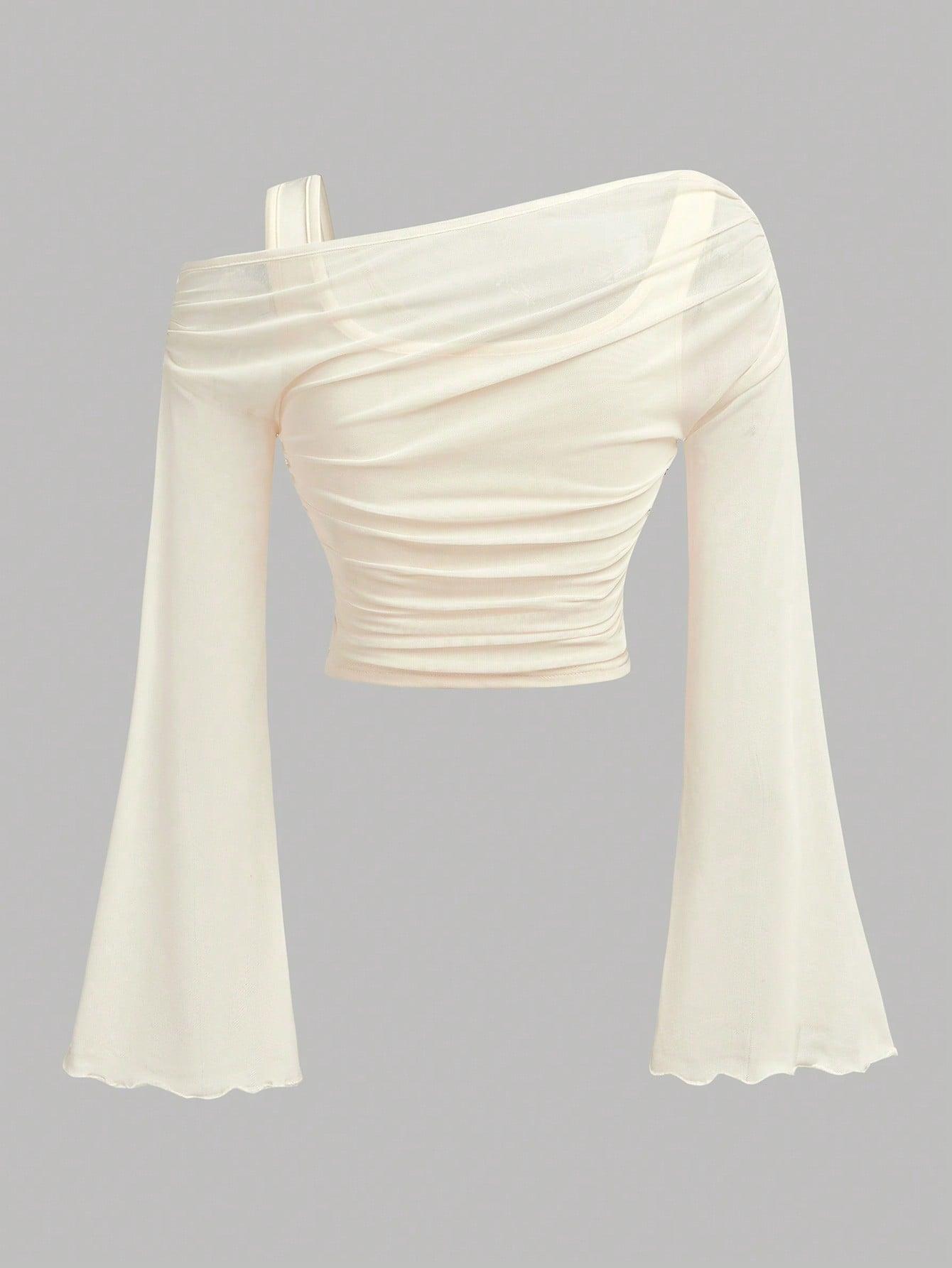 Women's Long Sleeve T-Shirt, Asymmetrical Shoulder Design Slim Fit Casual Top, Fall & Winter Fashion, Moderate Knit Fabric, Comfortable Wear