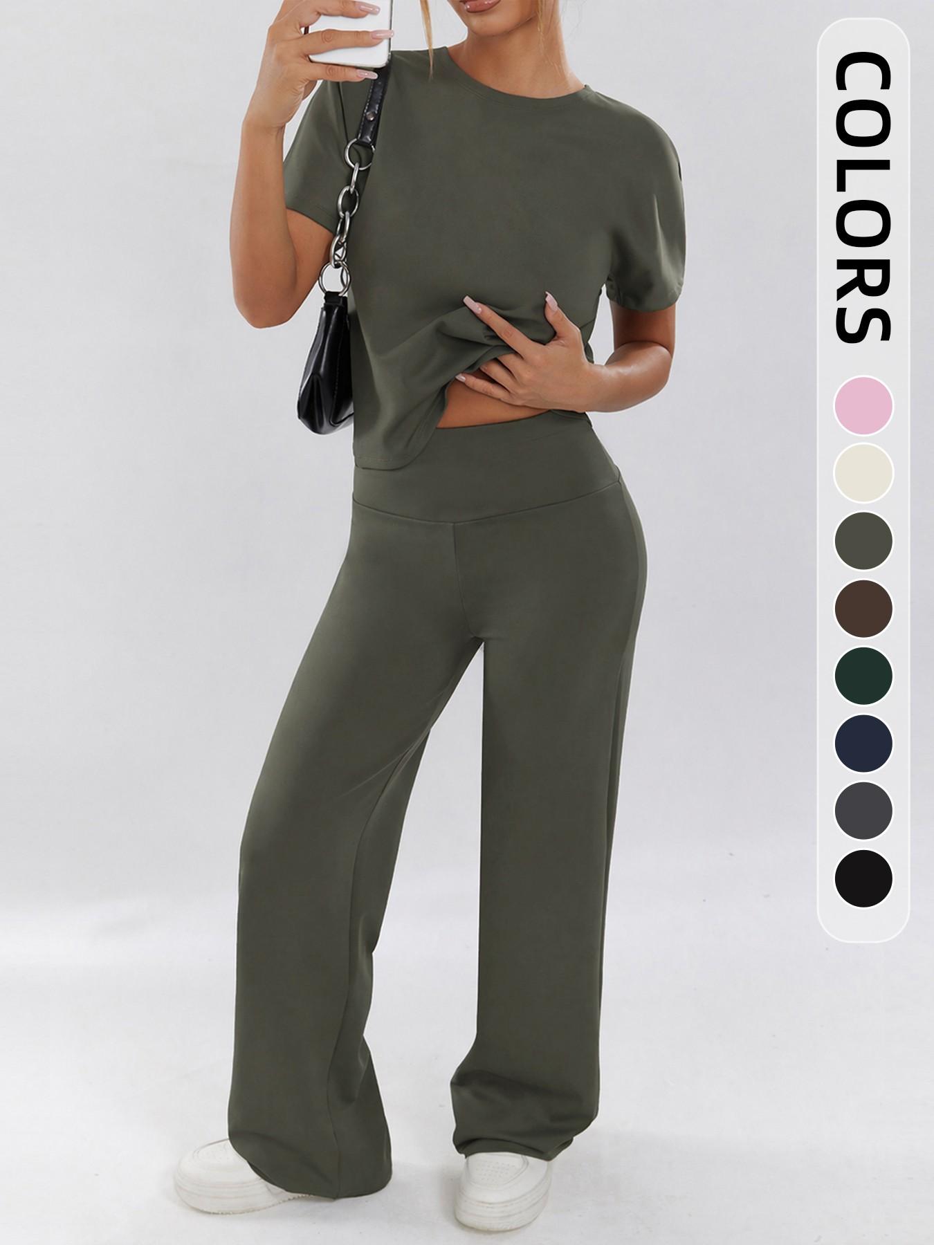 Women's Two-Piece Set, Loose-Fit Short Sleeve Top & High Waist Wide-Leg Pants, Breathable Fabric, Ideal for Yoga, Gym & Running, Athleisure Gym Clothes, Casual Activewear Set, Loose Casual Athleisure