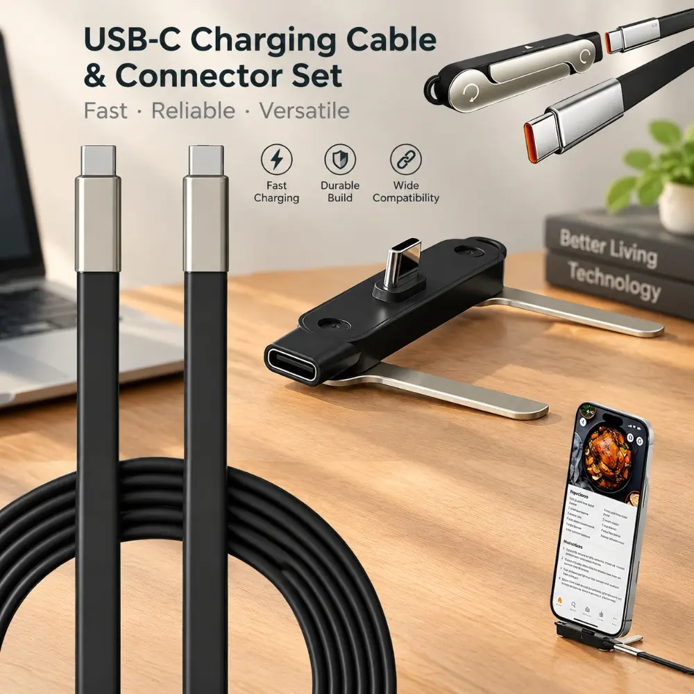 2-in-1 Invisible Holder USB-C Charger Cable, 240W PD Fast Charging Cord with Foldable Built-in Phone Stand, Braided USB C to USB C Data Cable, Multi-Angle Adjustable for Gaming, Video Watching, Compatible with iPhone 15/16, Samsung, Laptops, Tablets