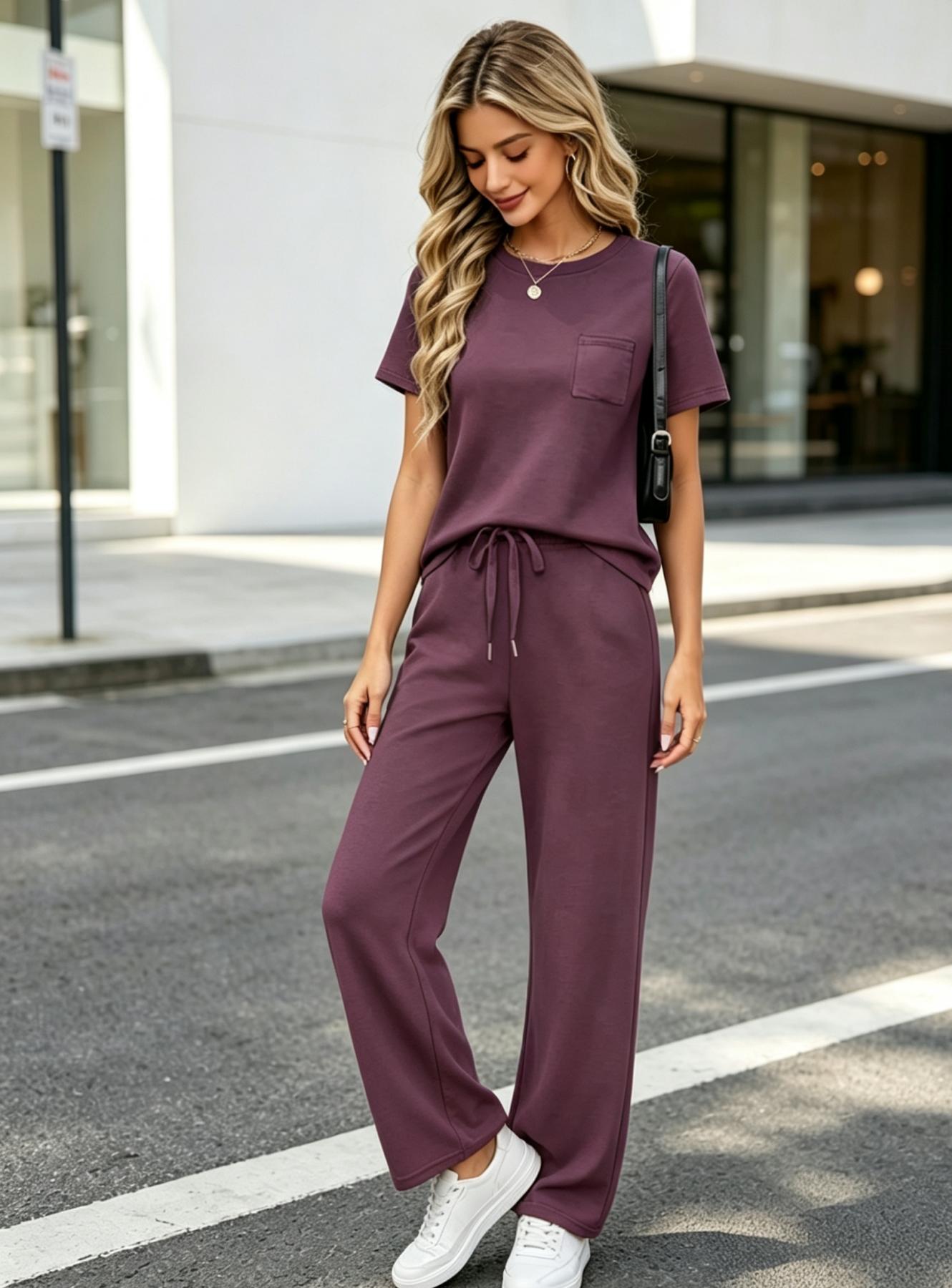 Women's Fashion Solid Color Casual Round Neck Pocket T-Shirt + Drawstring Wide Leg Pants Set Loose Fit Slimming Wide Leg Pants Two-Piece Set Suitable for Summer Commuting to Work Shopping Outings Indoor and Outdoor Wear