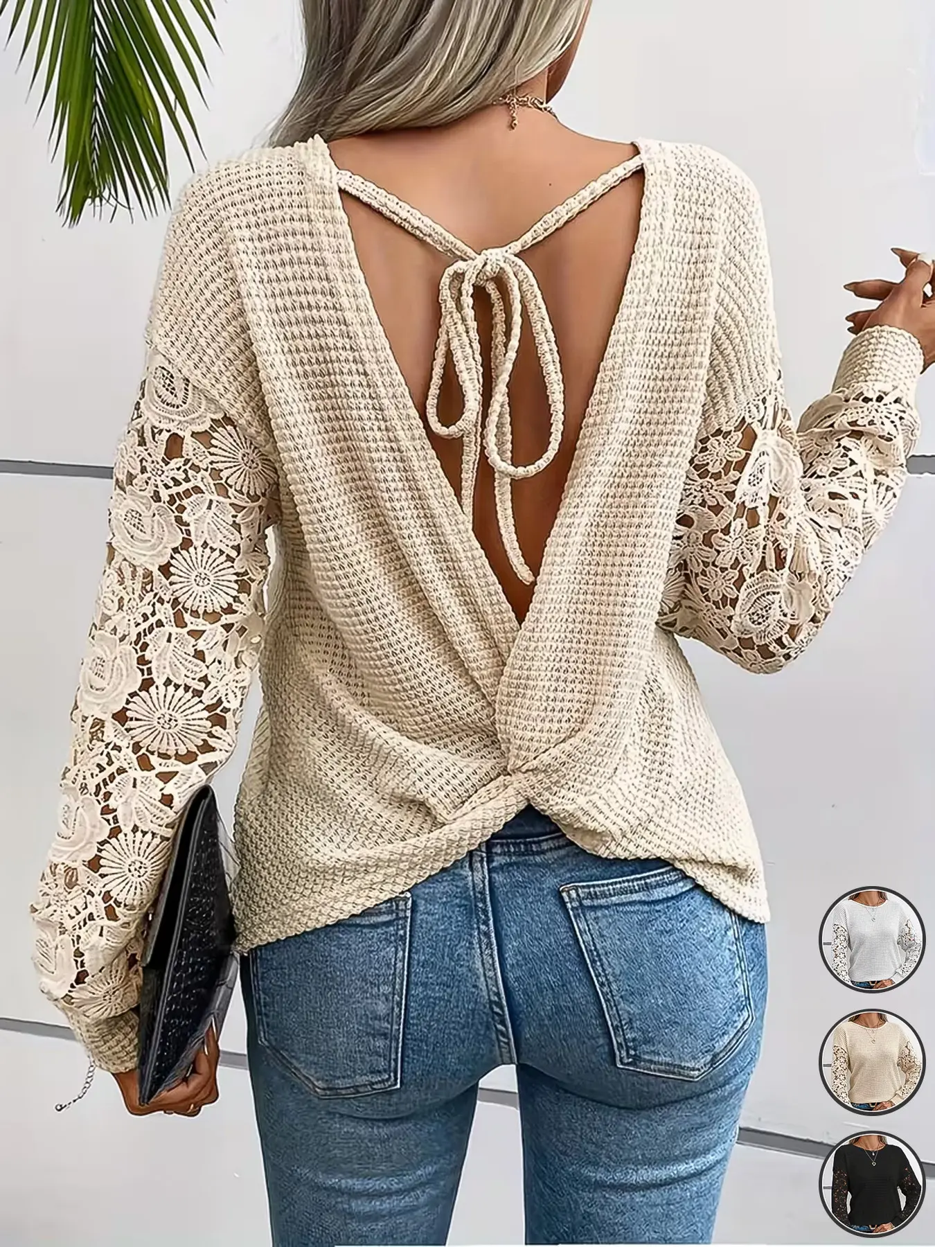 【Black Friday】Women's Casual Contrast Lace Twist Backless Top, Stylish and Comfortable Tie Back Top for Daily Wear, Versatile Boho Style Top for All Seasons