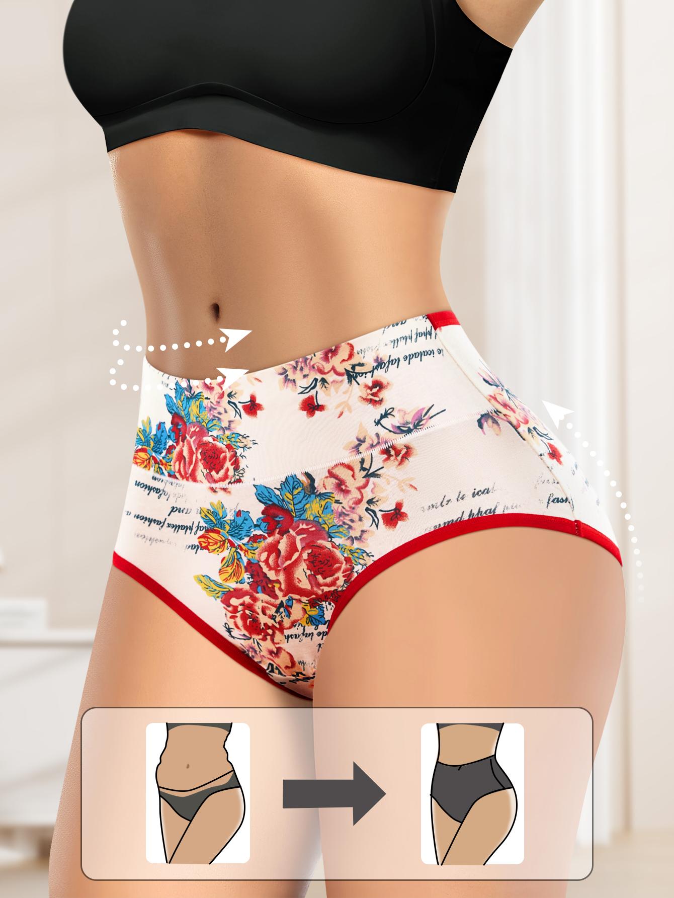 QUASTI 4 Pack High Waist Cotton Briefs, Vintage Floral Print Mid-Rise Panties, Soft Breathable 92% Cotton Everyday Underwear for Women, S-XXL