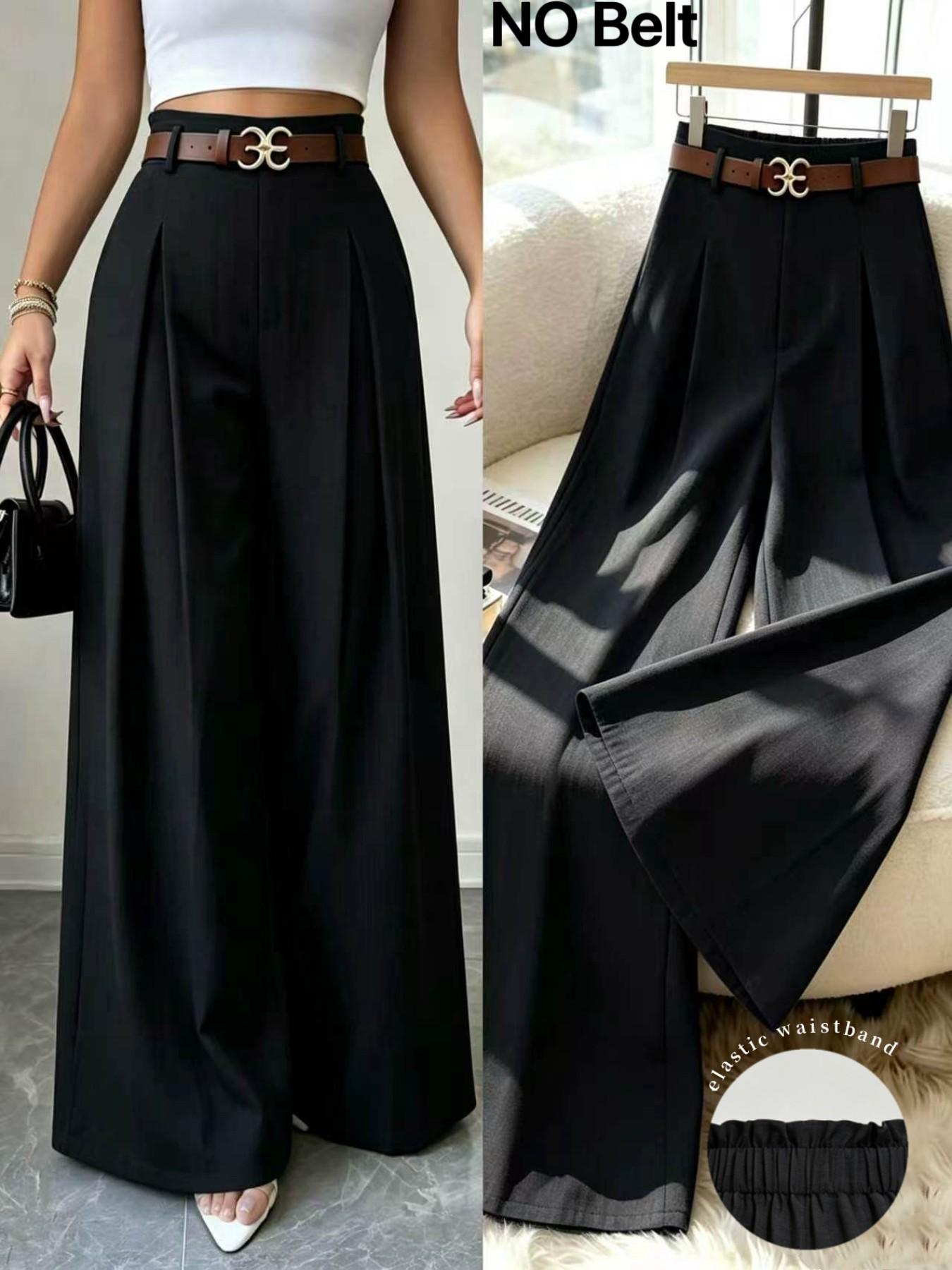 Elegant Minimalist High-Waist Wide-Leg Pants without Belt, Casual Loose-Fit Elastic Waist Long Trousers for Office, Women's Bottoms for Summer & Fall