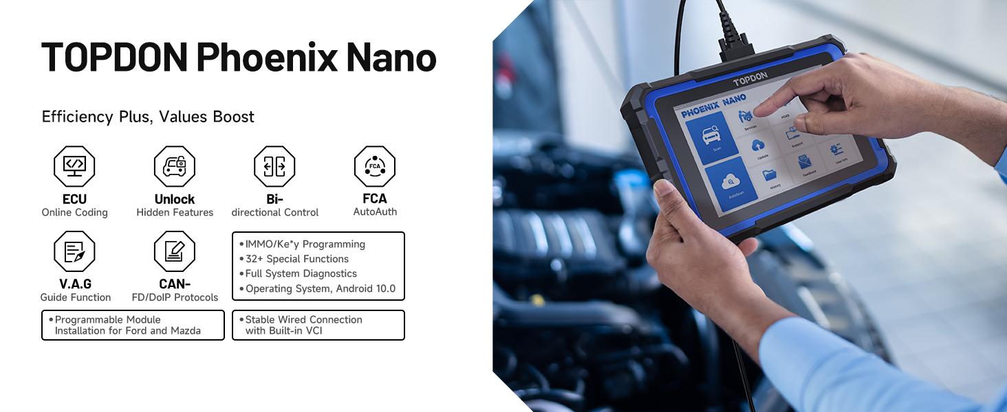 TOPDON Phoenix Nano, Bidirectional Scan Tool, ECU Coding Tool, FCA AutoAuth, CAN FD/DoIP Protocols, 32+ Special Functions, Full System Diagnostic, Free Updates for 2 Years TOPDON Phoenix Nano, Bidirectional Scan Tool, ECU Coding Tool, FCA AutoAuth, CAN FD/DoIP Protocols, 32+ Special Functions, Full System Diagnostic, Free Updates for 2 Years