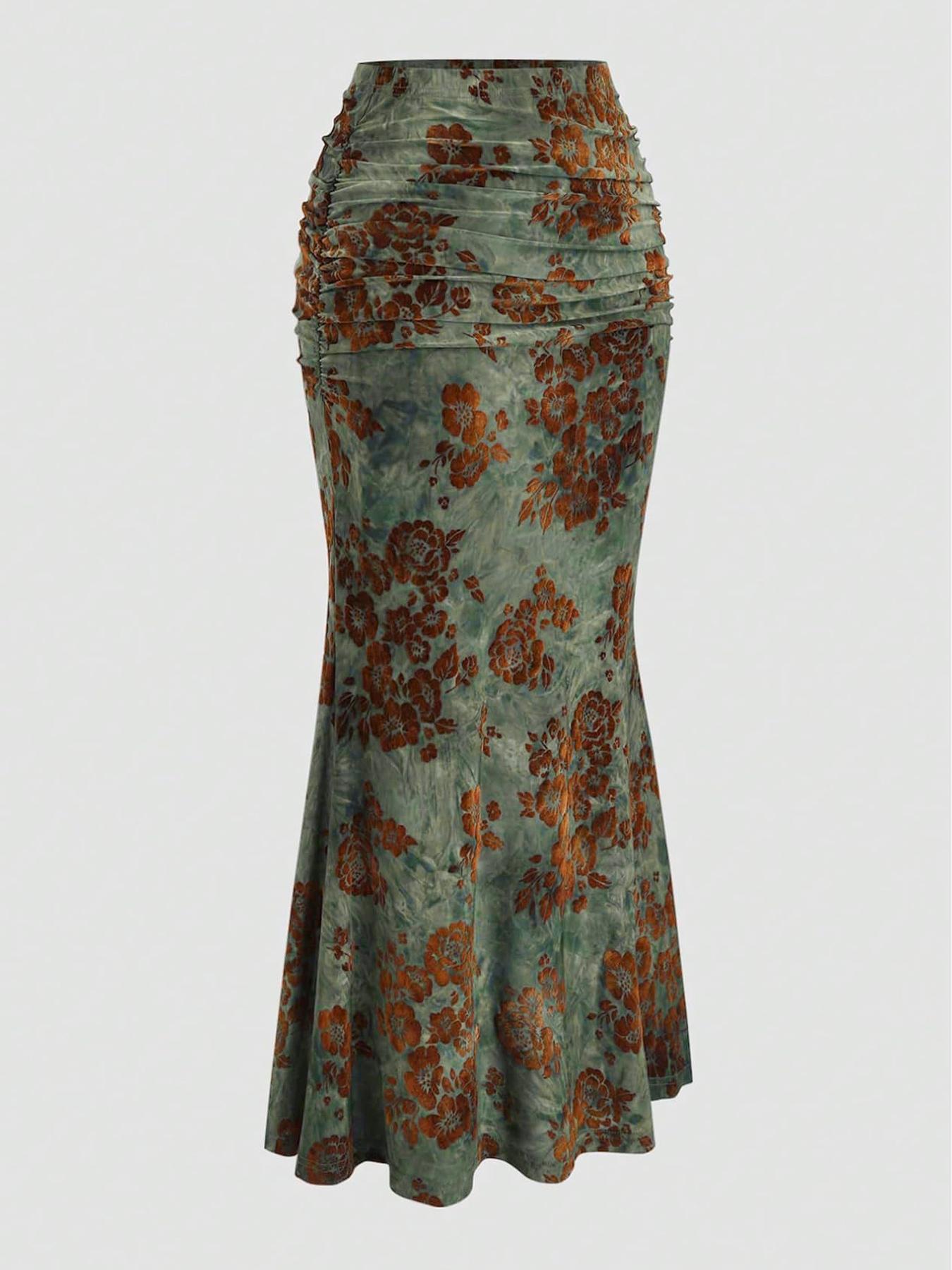 Women's Vintage Floral Print Long Mermaid Skirt, Casual Fashion Velvet Bottoms for All Seasons