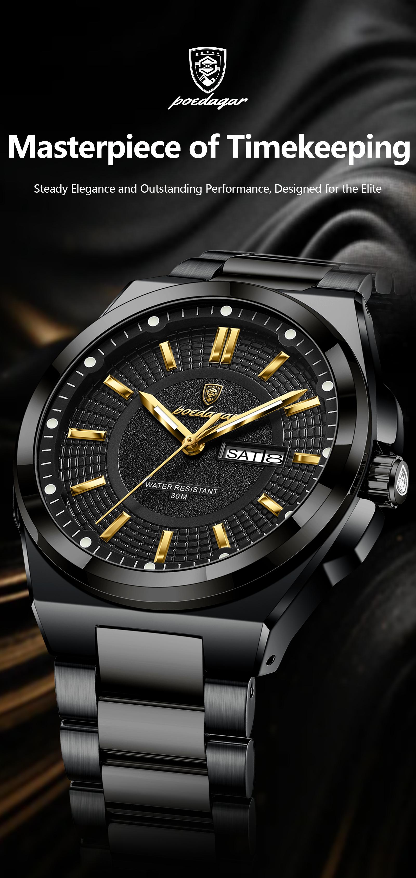 Poedagar Top Business Men's Watches, Stainless Steel Waterproof Luminous Man Watch, Date Week Display, Casual Fashion Quartz Wristwatch, Casual Trendy Wristwatch, Stylish Watch