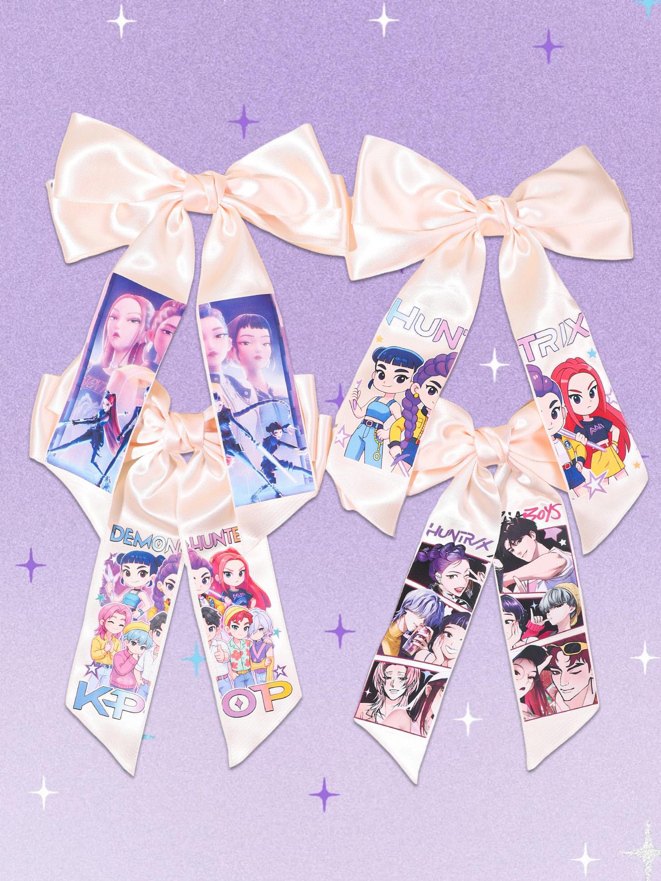 4pcs/1pcLarge Kpop Hair Bow with Girl Band Printed Ribbons | Comfortable Secure Clip | Versatile Design Hair Clip Set