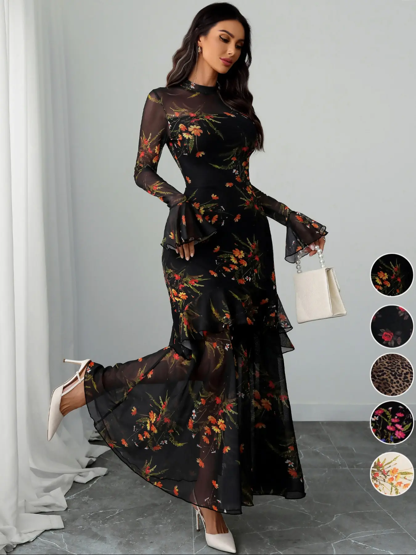 Women's Floral Print Dress, Elegant Gothic Long Sleeve Dress for Party Holiday Wedding Guest, Ladies Clothes for All Seasons Dresses For Wedding #GLOBAL PICKS