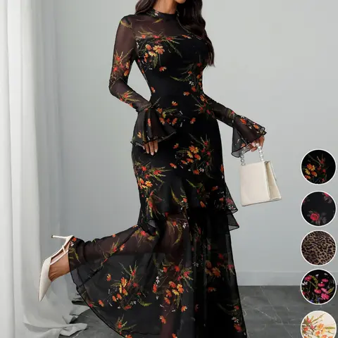 Women's Floral Print Dress, Elegant Gothic Long Sleeve Dress for Party Holiday Wedding Guest, Ladies Clothes for All Seasons Dresses For Wedding #GLOBAL PICKS