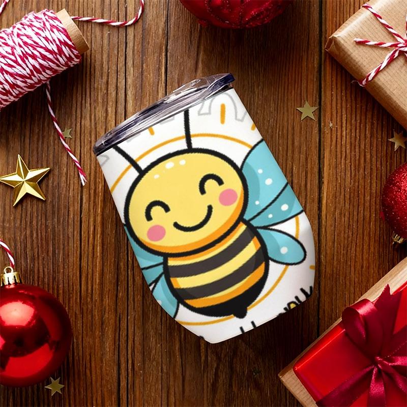 12oz Digital Printed Insulated Tumbler, Bee Happy Cartoon Bee Design, Lightweight & Durable, Leak - Proof for Daily Use, Office & Outdoor, Stylish Thermal Cup for Adults