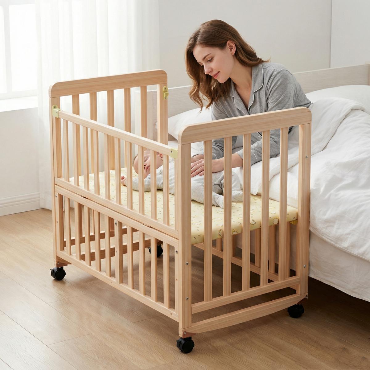 Aobtkel Baby Bassinet Bedside Sleeper - Portable Pine Wood Cribs Convertible, 3-Height Toddler Cot, 0.78in Mattress, Space-Saving Mini Crib for Newborns 0-36 Months WL