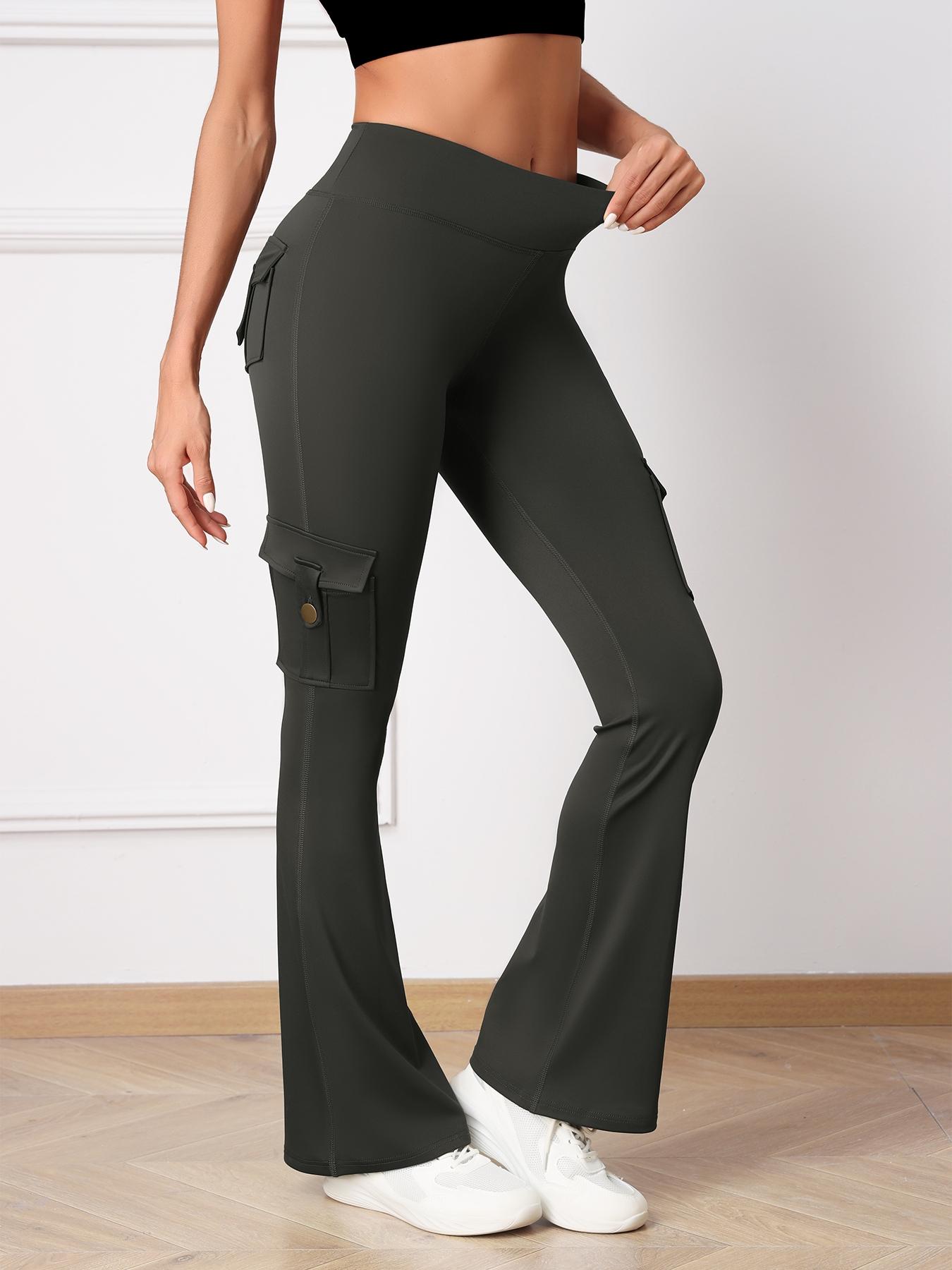 Women's High-Waisted Sporty Yoga Flare Pants, Tight-Fitting All-Season Activewear, Moisture-Wicking Breathable Fabric, Side Pockets & Button Design, Black Pants, Activewear Bottoms
