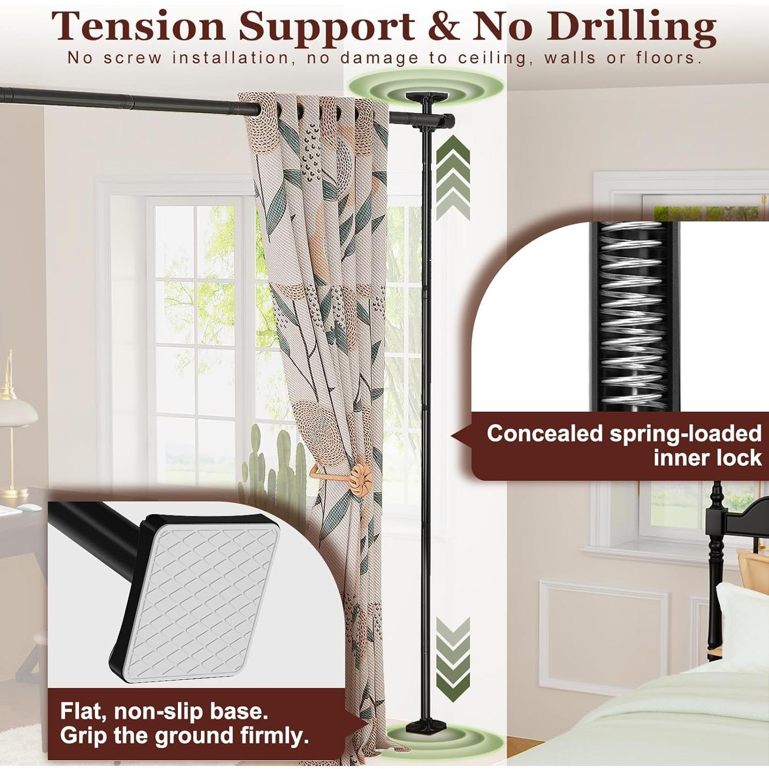 Room Divider for Room Separation, Tension Curtain Rods No Drilling, 4-10ft(H) 28-70inch(W) Adjustable Temporary  Wall Divider, Heavy Duty Freestanding Space Partition Separator, Black