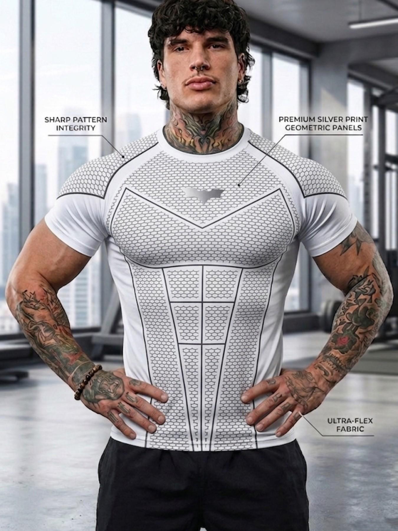 Men's Sporty T-Shirt, Geometric Pattern Short Sleeve Top, High Stretch Street Style, Ideal for Gym, Training, Casual Wear