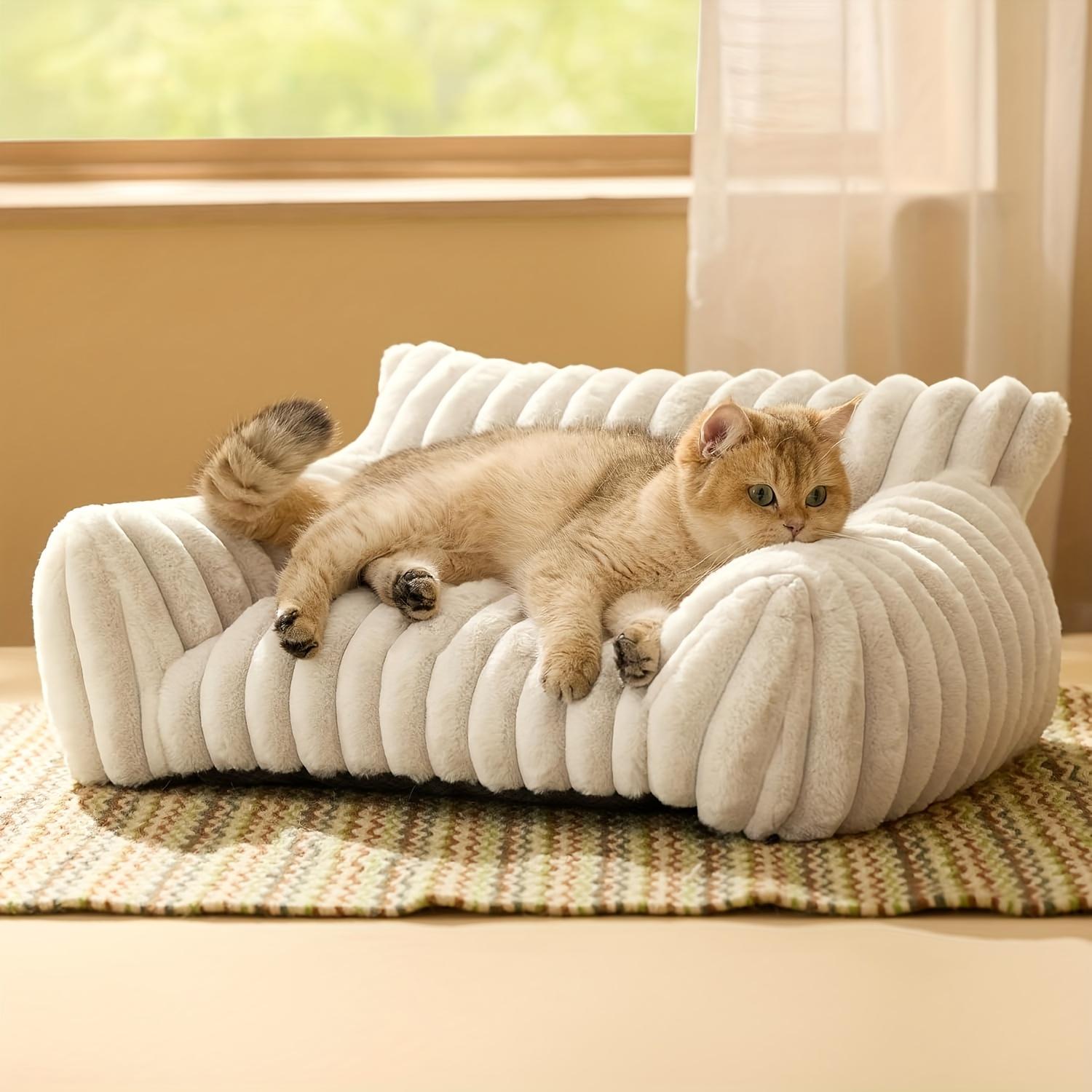Pet Cat Sofa Bed, Fluffy Cat Bed Made of Soft Corduroy Fabric, Plush Indoor Cat Couch Sturdy Support Without Sagging