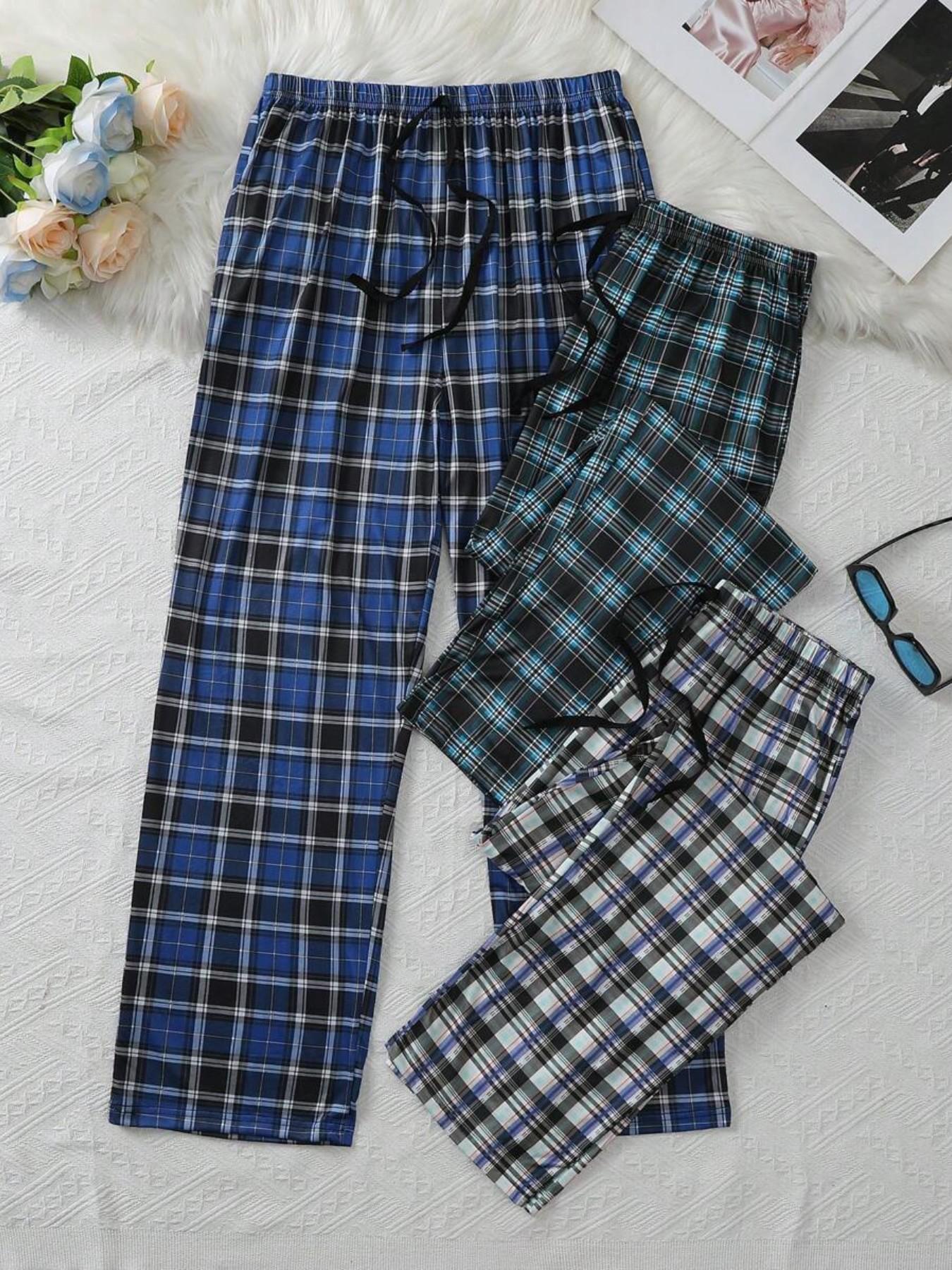 Three-Pack Men's Casual Home Wear Pants, Plaid Print Long Sleepwear, Comfortable for Spring & Fall, Ideal for Gifting