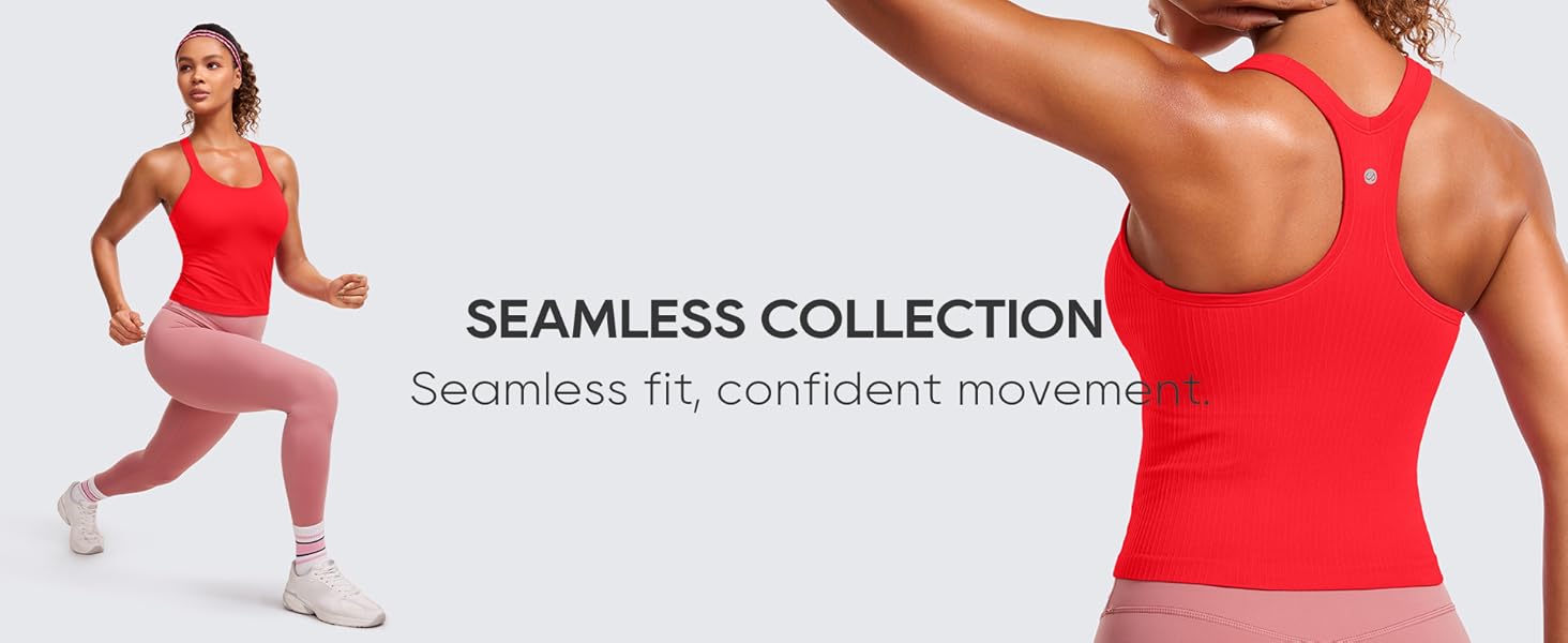 CRZ YOGA Seamless Ribbed Womens Tank Top Racerback Camisoles with Built in Bra Padded Scoop Neck Athletic Workout Slim Cami