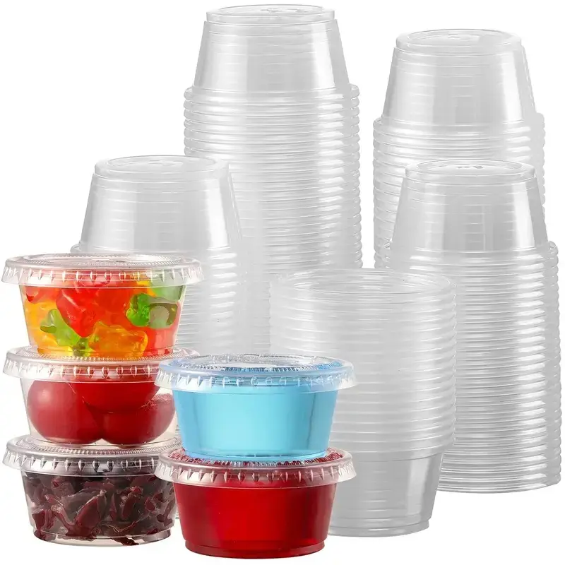 130-Set 2oz Disposable Plastic Shot Cups with Airtight Lids, Stackable Portion Containers for Condiments & Party Use, 2Oz - 130