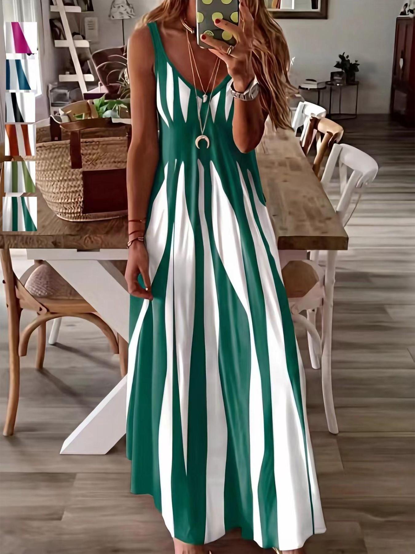 Summer New Arrival Women's Casual Sleeveless Striped V-Neck Long Dress, Casual Dresses, Casual Chic Dress, Sweet Style Elegance Loose-Fitting Daily Wear, Perfect for Outdoor Activities Summer New Arrival Women's Casual Sleeveless Striped V-Neck Long Dress, Casual Dresses, Casual Chic Dress, Sweet Style Elegance Loose-Fitting Daily Wear, Perfect for Outdoor Activities